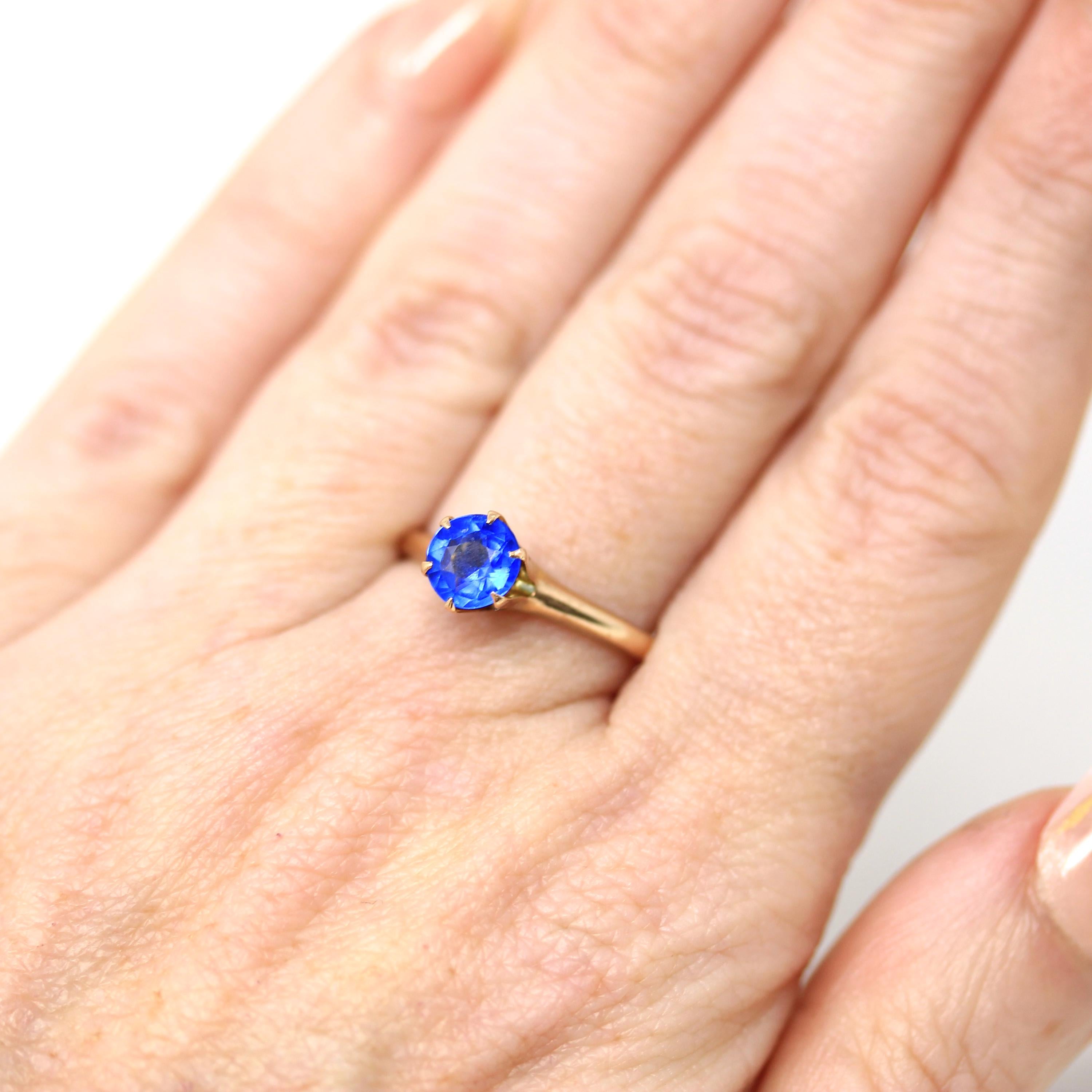 Garnet Glass Doublet Ring - Edwardian 10k Yellow Gold Round Faceted Bright Blue Stone - Antique Circa 1910 Size 6 1/4 Solitaire Fine Jewelry