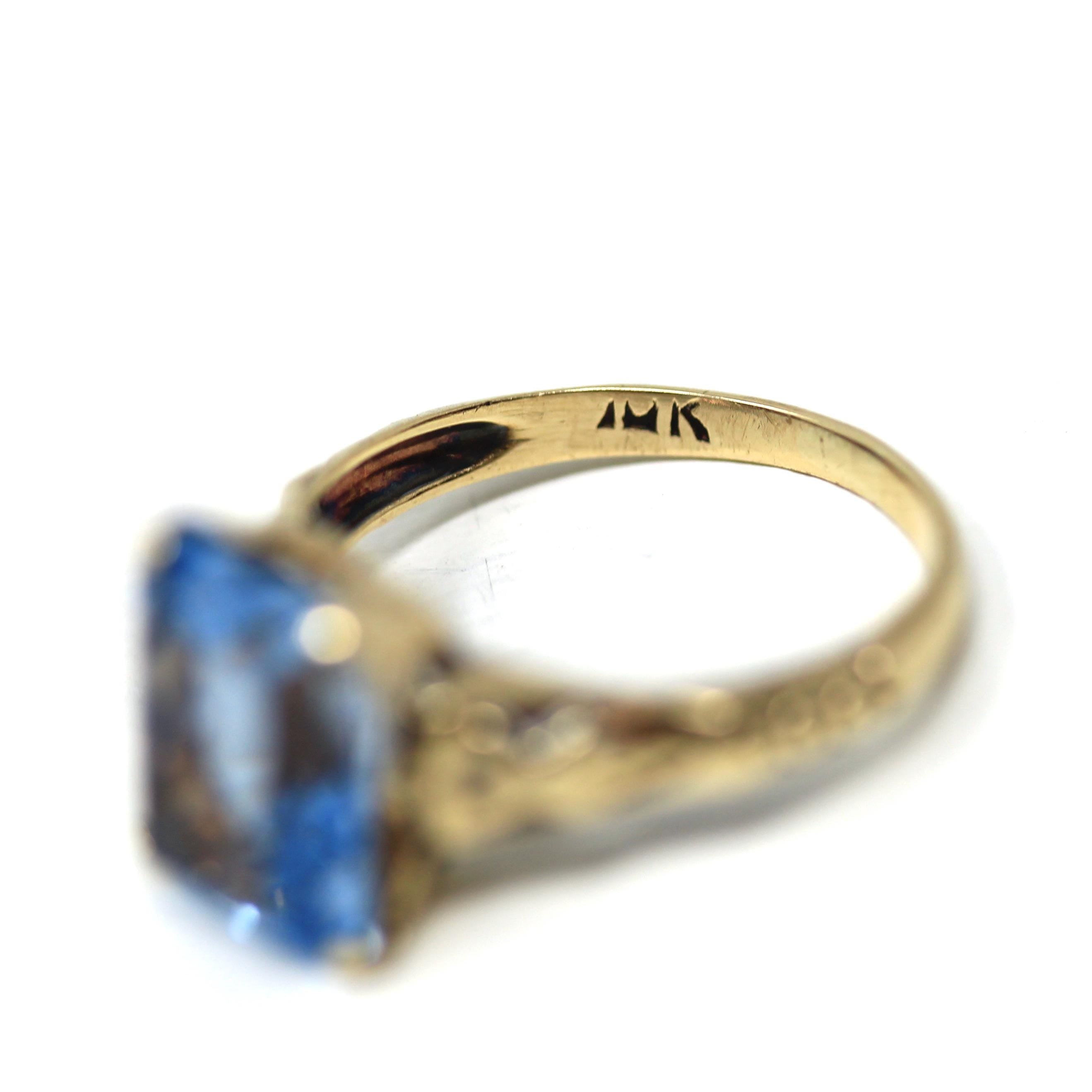 Created Spinel Ring - Retro 10k Yellow Gold Emerald Cut 4.41 CT Blue Stone - Vintage Circa 1940s Era Size 4 1/2 Statement Fine 40s Jewelry