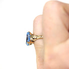 Created Spinel Ring - Retro 10k Yellow Gold Emerald Cut 4.41 CT Blue Stone - Vintage Circa 1940s Era Size 4 1/2 Statement Fine 40s Jewelry