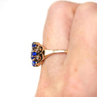 Simulated Sapphire Ring - Antique 10k Rosy Yellow Gold Navette Cluster Gems - Victorian Era Circa 1890s Size 8.5 Dainty Fine Diamond Jewelry