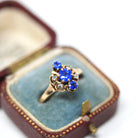 Simulated Sapphire Ring - Antique 10k Rosy Yellow Gold Navette Cluster Gems - Victorian Era Circa 1890s Size 8.5 Dainty Fine Diamond Jewelry