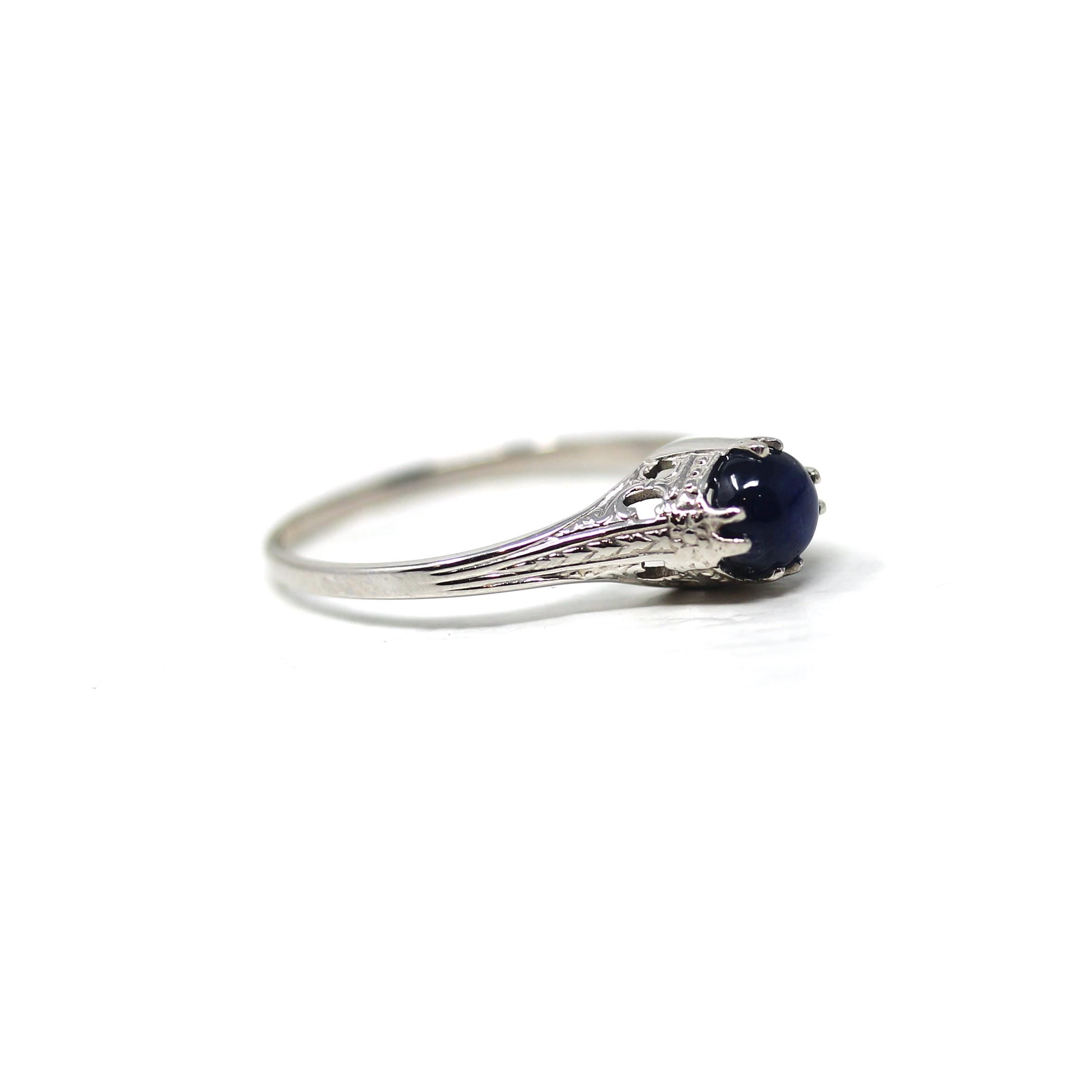 Natural Sapphire Ring - Art Deco 14k White Gold Cabochon Cut Blue Gemstone - Vintage Circa 1930s Era Size 6 1/4 Ostby & Barton Fine Jewelry