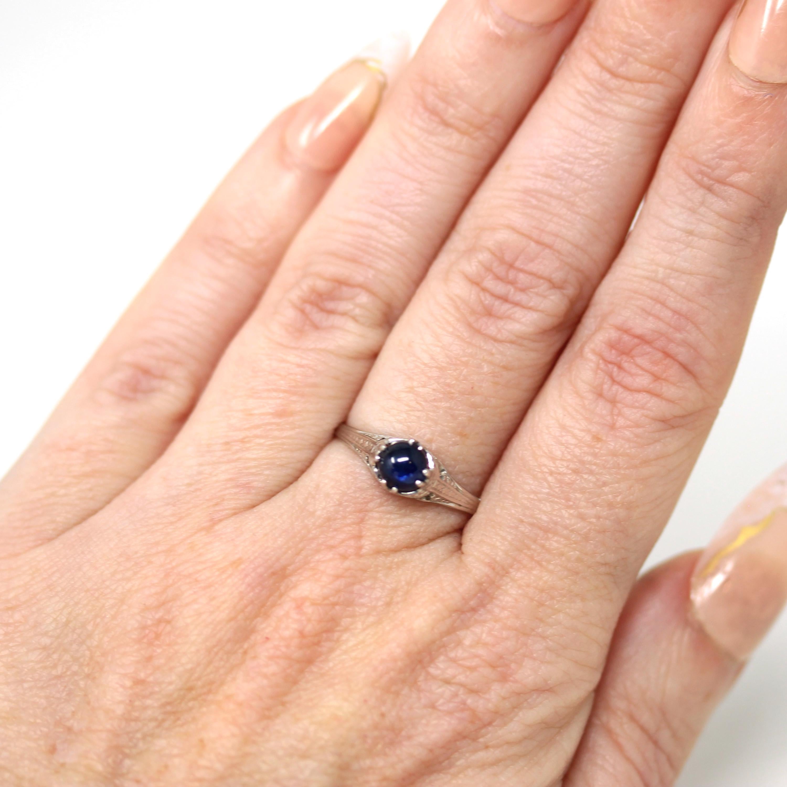 Natural Sapphire Ring - Art Deco 14k White Gold Cabochon Cut Blue Gemstone - Vintage Circa 1930s Era Size 6 1/4 Ostby & Barton Fine Jewelry