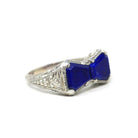Lapis Lazuli Bowtie Ring - Art Deco 18k White Gold Filigree Dark Blue Gemstones - Vintage Circa 1930s Era Size 4 Hourglass Fine 30s Jewelry