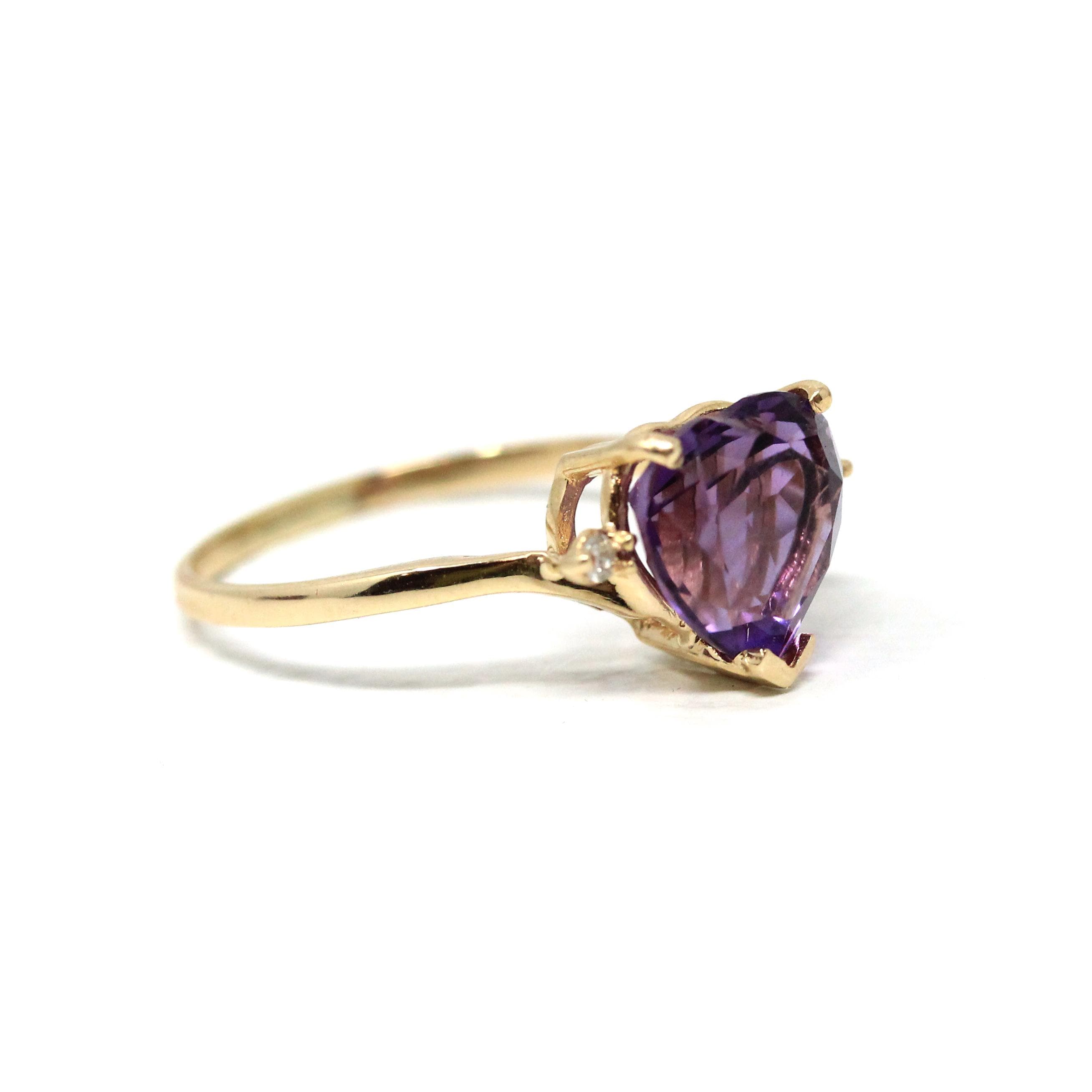 Amethyst Heart Ring - Modern 14k Yellow Gold Diamond & Purple Gemstone - Estate 2000s Era Size 9 February Birthstone Fine Statement Jewelry
