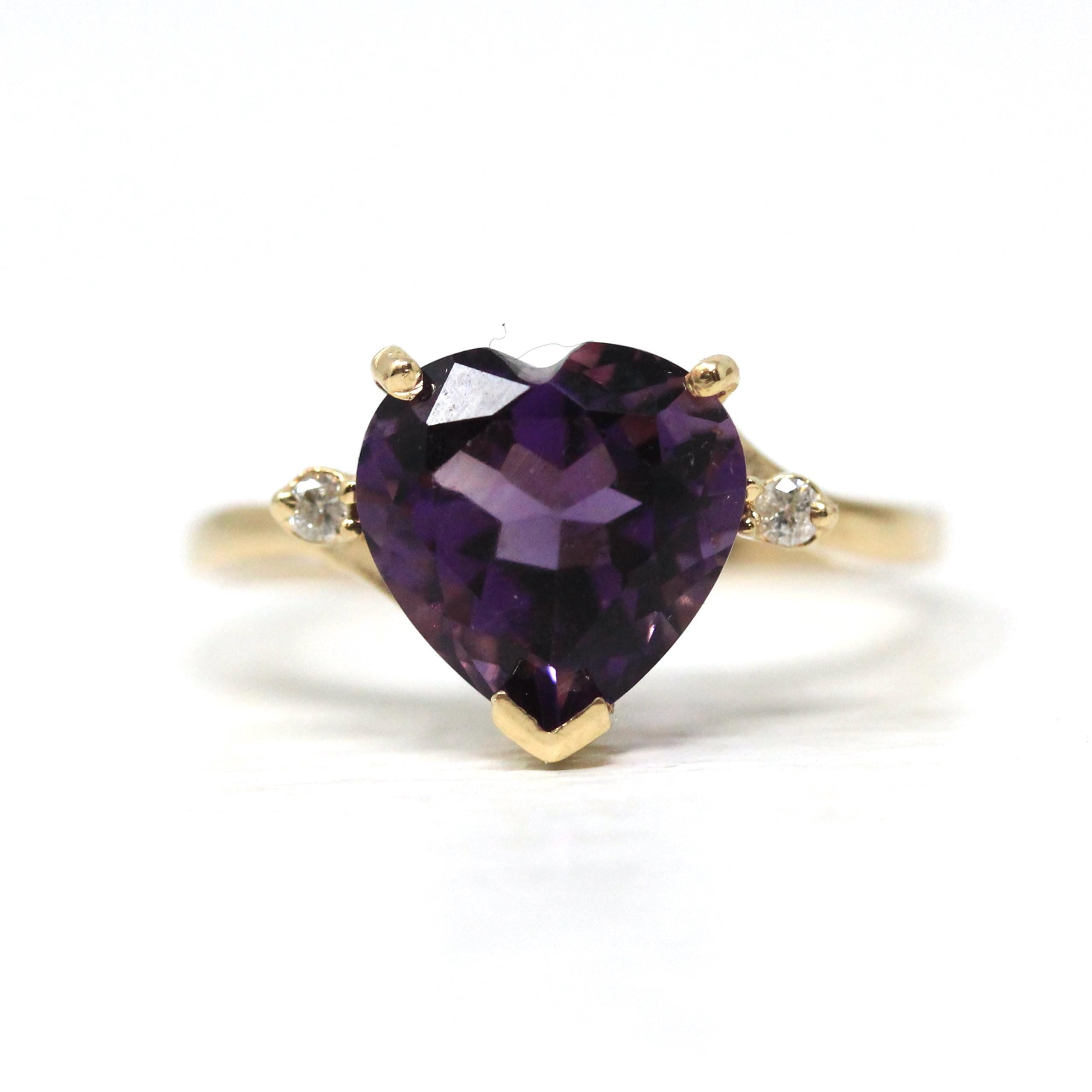 Amethyst Heart Ring - Modern 14k Yellow Gold Diamond & Purple Gemstone - Estate 2000s Era Size 9 February Birthstone Fine Statement Jewelry