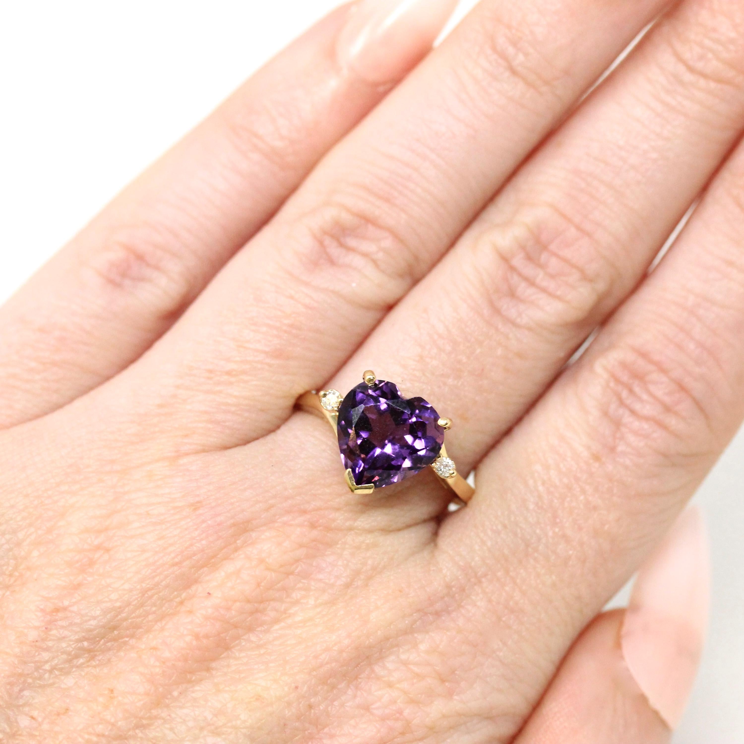 Amethyst Heart Ring - Modern 14k Yellow Gold Diamond & Purple Gemstone - Estate 2000s Era Size 9 February Birthstone Fine Statement Jewelry