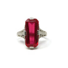 Created Ruby Ring - Art Deco 18k White Gold Rectangular Red Gemstone - Vintage Circa 1930s Size 3 3/4 July Birthstone Filigree Fine Jewelry