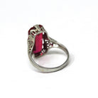 Created Ruby Ring - Art Deco 18k White Gold Rectangular Red Gemstone - Vintage Circa 1930s Size 3 3/4 July Birthstone Filigree Fine Jewelry