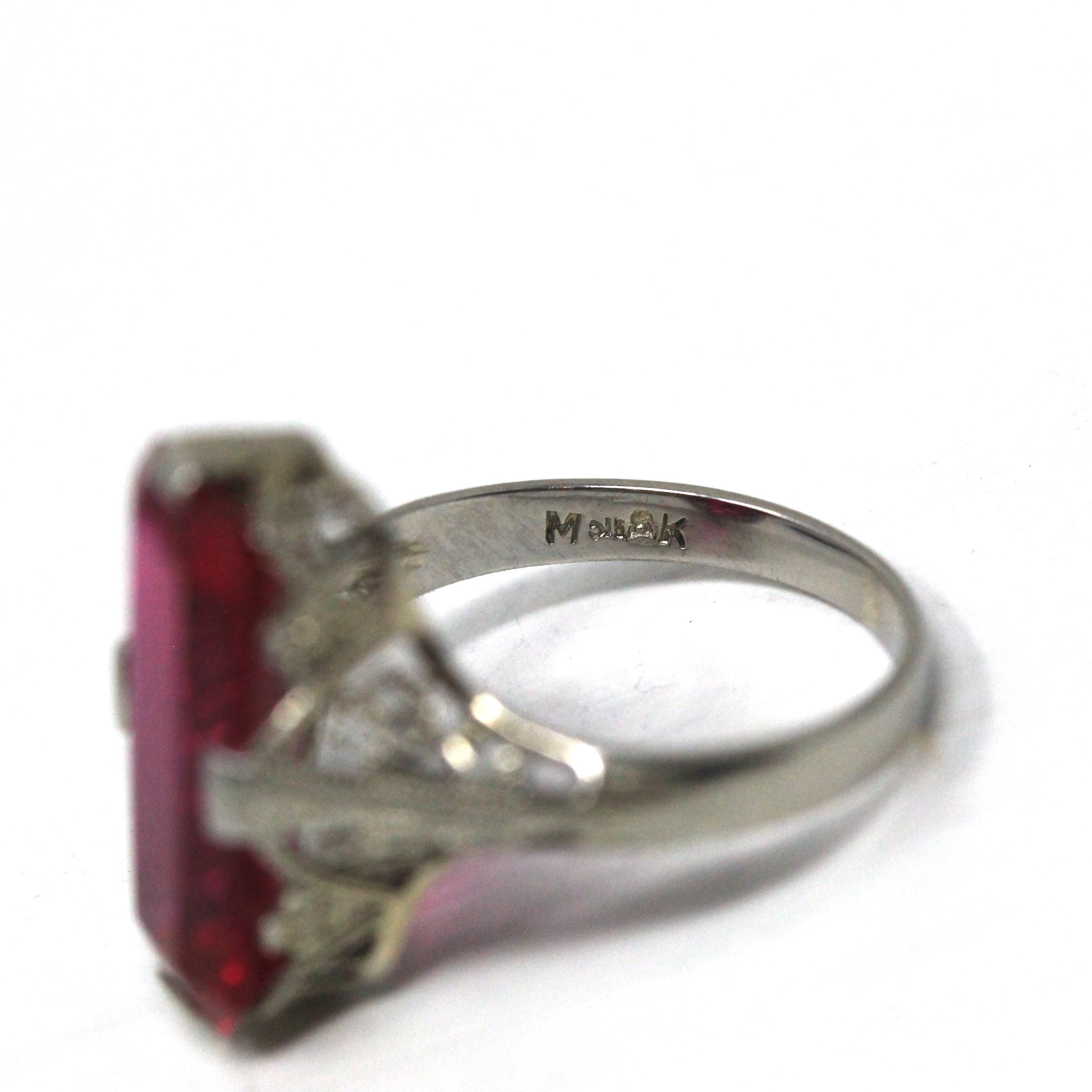 Created Ruby Ring - Art Deco 18k White Gold Rectangular Red Gemstone - Vintage Circa 1930s Size 3 3/4 July Birthstone Filigree Fine Jewelry