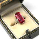 Created Ruby Ring - Art Deco 18k White Gold Rectangular Red Gemstone - Vintage Circa 1930s Size 3 3/4 July Birthstone Filigree Fine Jewelry