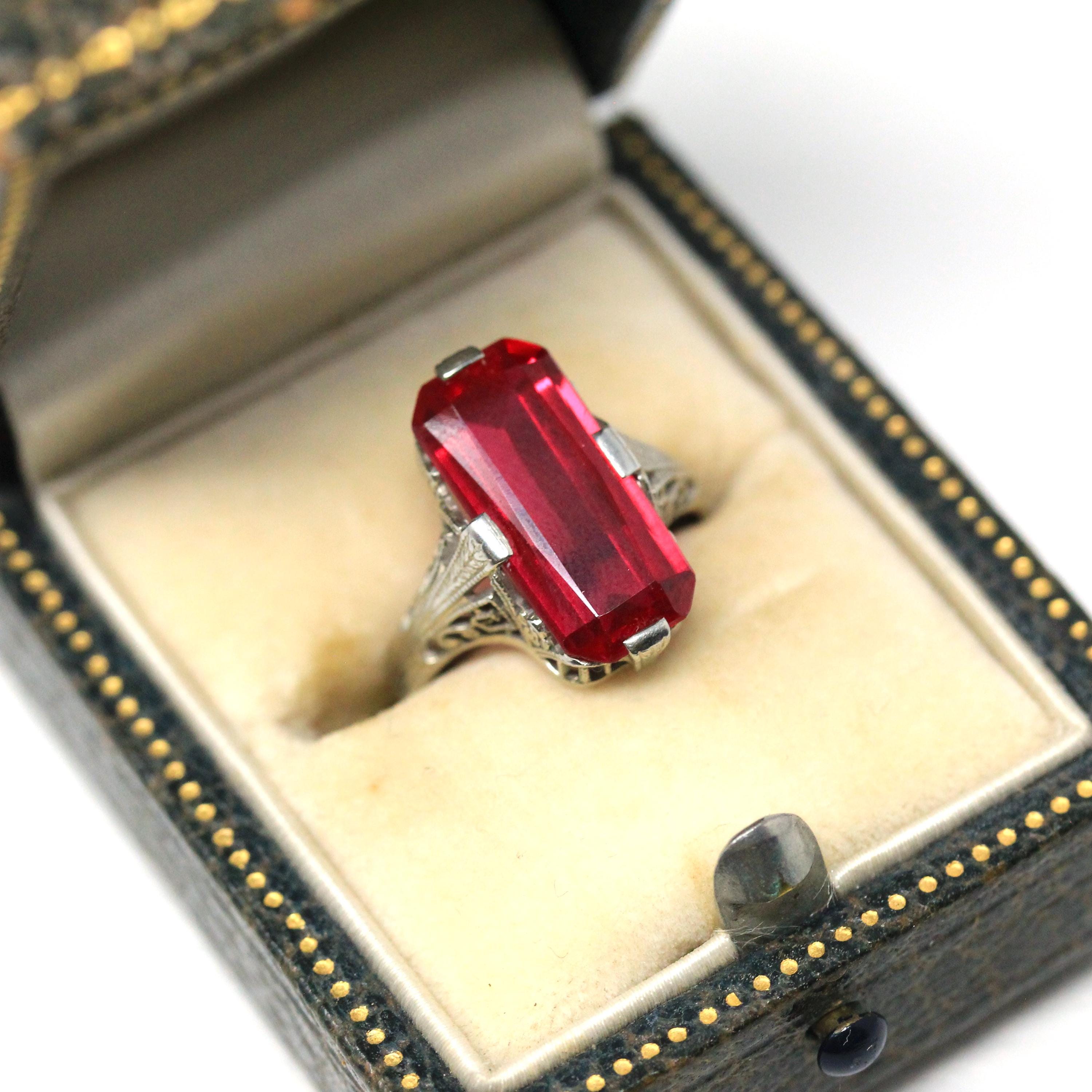 Created Ruby Ring - Art Deco 18k White Gold Rectangular Red Gemstone - Vintage Circa 1930s Size 3 3/4 July Birthstone Filigree Fine Jewelry