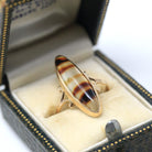 Vintage Agate Ring - Retro Era 10k Yellow Gold Oval Cabochon Cut Banded Natural Gemstone - Circa 1940s Era Size 7 1/4 Statement Fine Jewelry