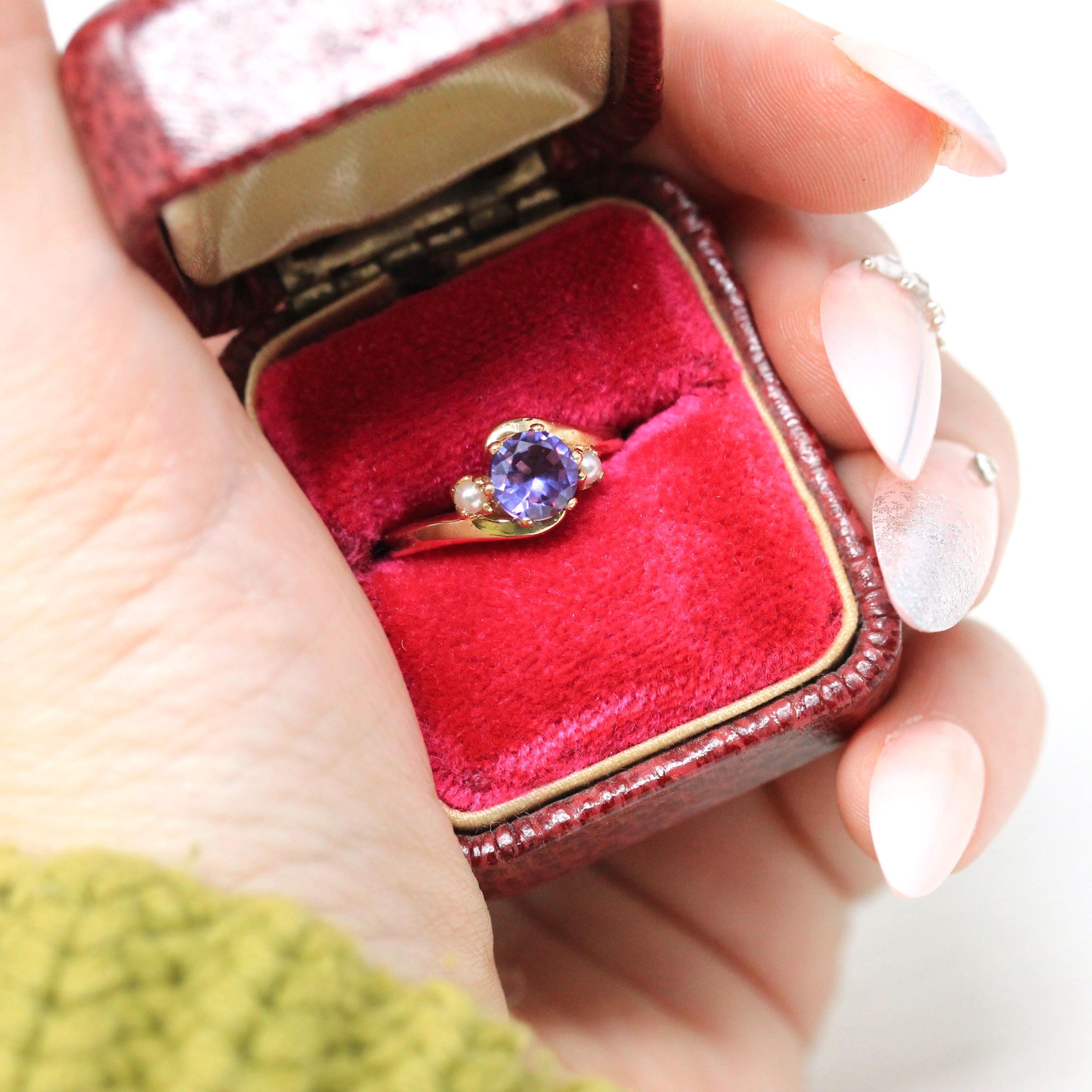 Retro Bypass Ring - 10k Yellow Gold Created Color Change Sapphire & Cultured Pearl Gems- Circa 1960s Era Size 4 1/4 Fine Statement Jewelry