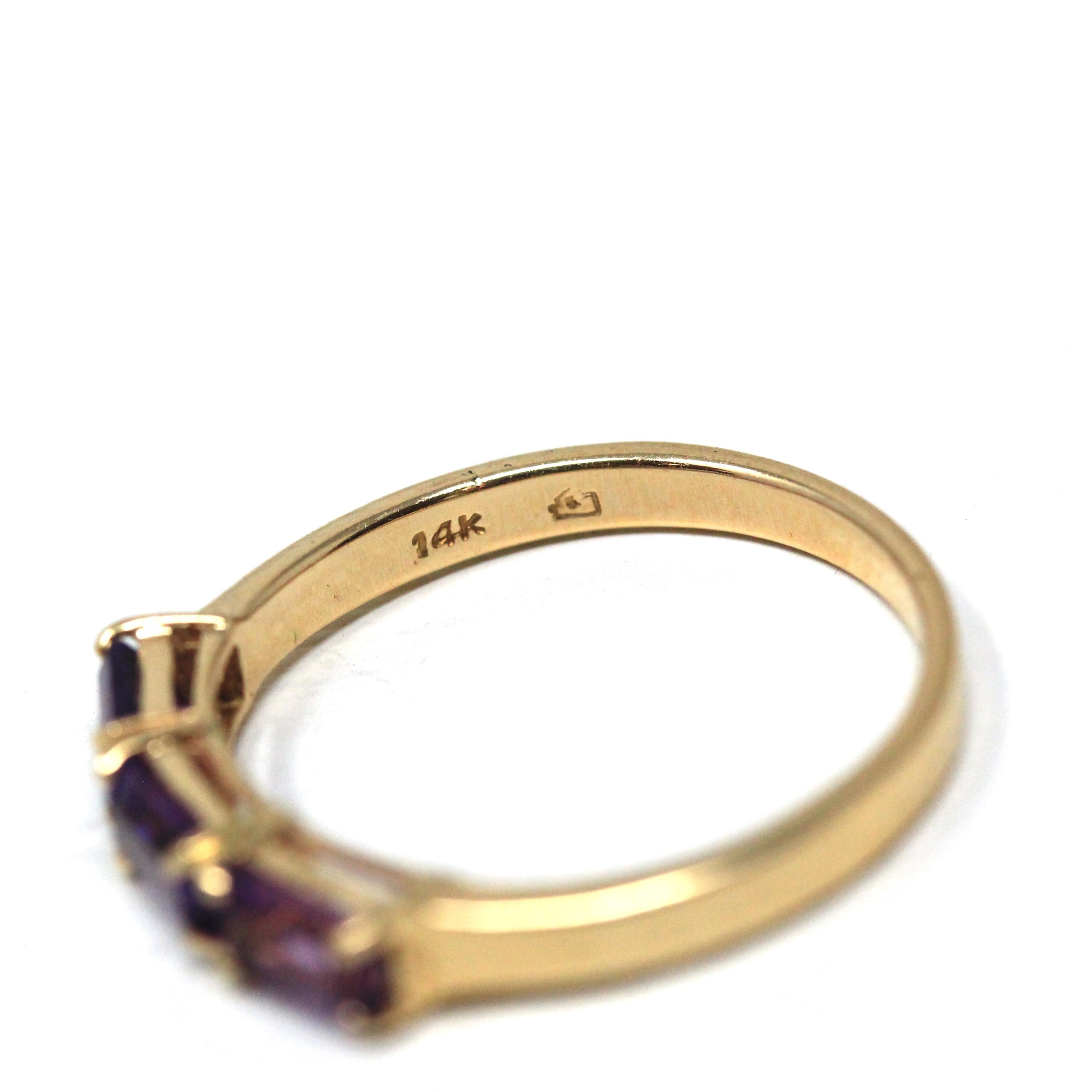 Modern Amethyst Ring - Vintage 14k Yellow Gold Three Rectangle Faceted Purple Gemstones - Estate Circa 2000's Era Size 6 3/4 Fine Jewelry