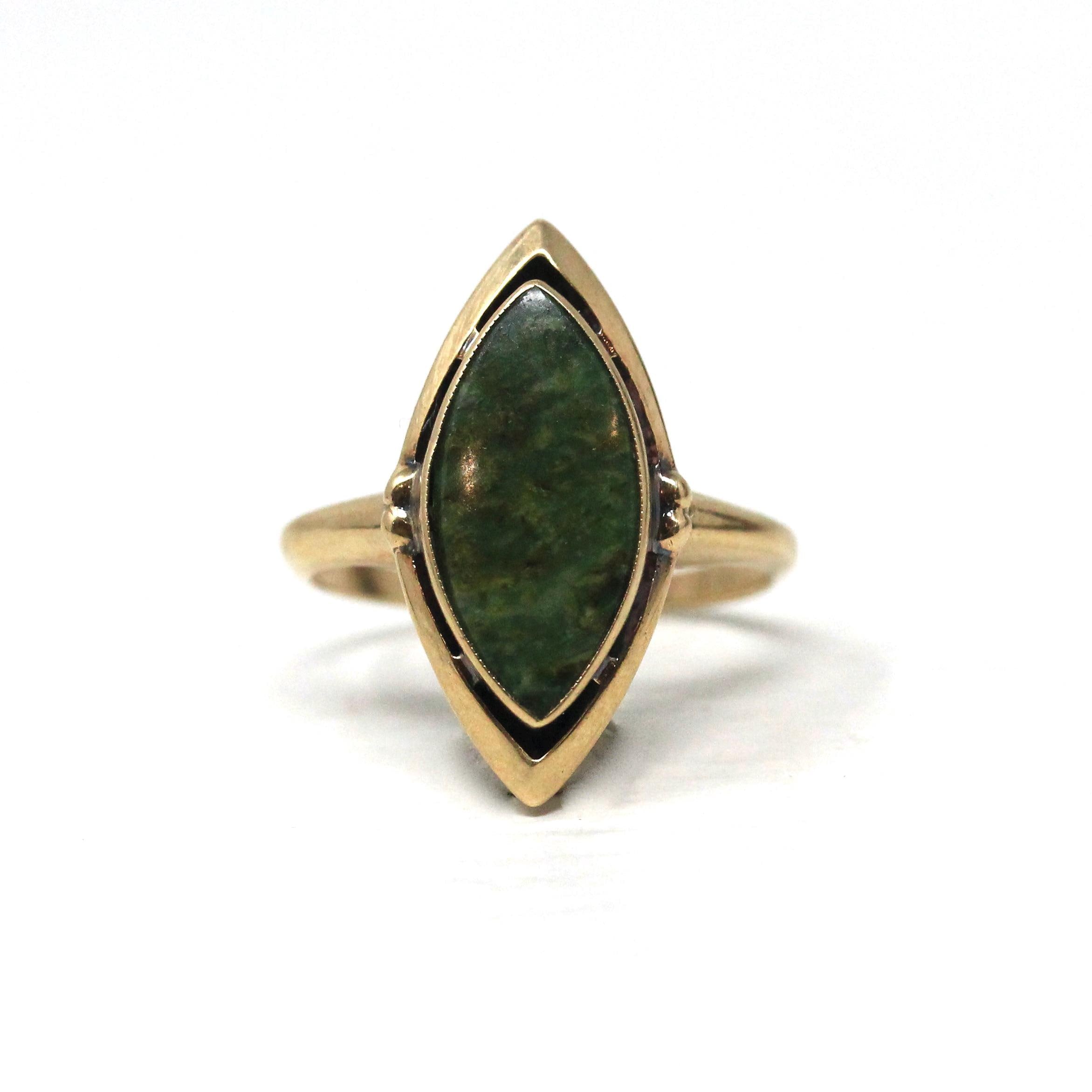 Nephrite Jade Ring - Retro 10k Yellow Gold Marquise Cut Natural Green Gemstone - Vintage 1960s Era Size 5 Navette Statement Fine 60s Jewelry