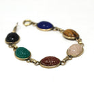 Vintage Scarab Bracelet - Retro Gold Filled Carved Natural Gemstones - Circa 1960s Era Egyptian Revival 7 3/4 Inches Panel Linked Jewelry