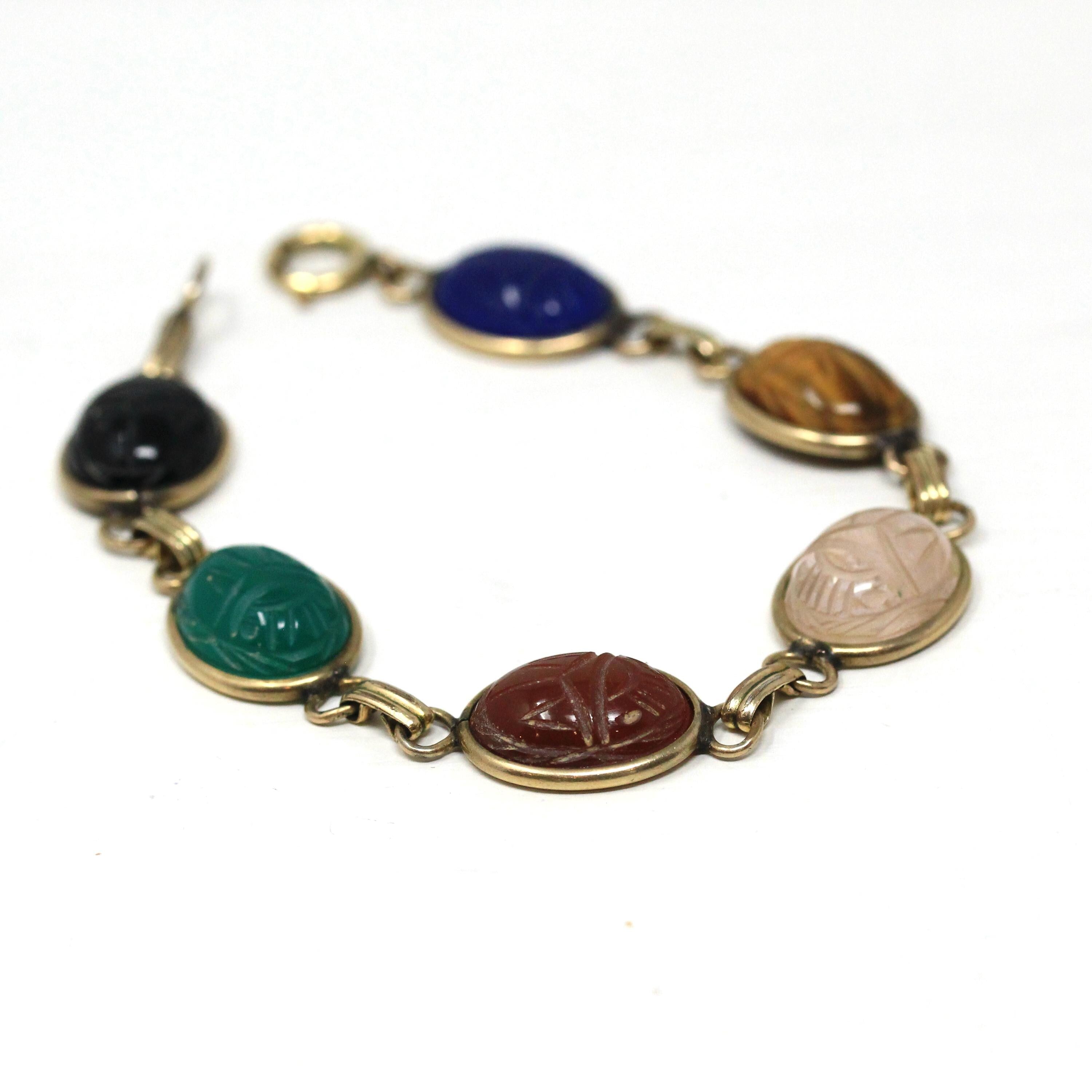 Vintage Scarab Bracelet - Retro Gold Filled Carved Natural Gemstones - Circa 1960s Era Egyptian Revival 7 3/4 Inches Panel Linked Jewelry