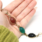 Vintage Scarab Bracelet - Retro Gold Filled Carved Natural Gemstones - Circa 1960s Era Egyptian Revival 7 3/4 Inches Panel Linked Jewelry