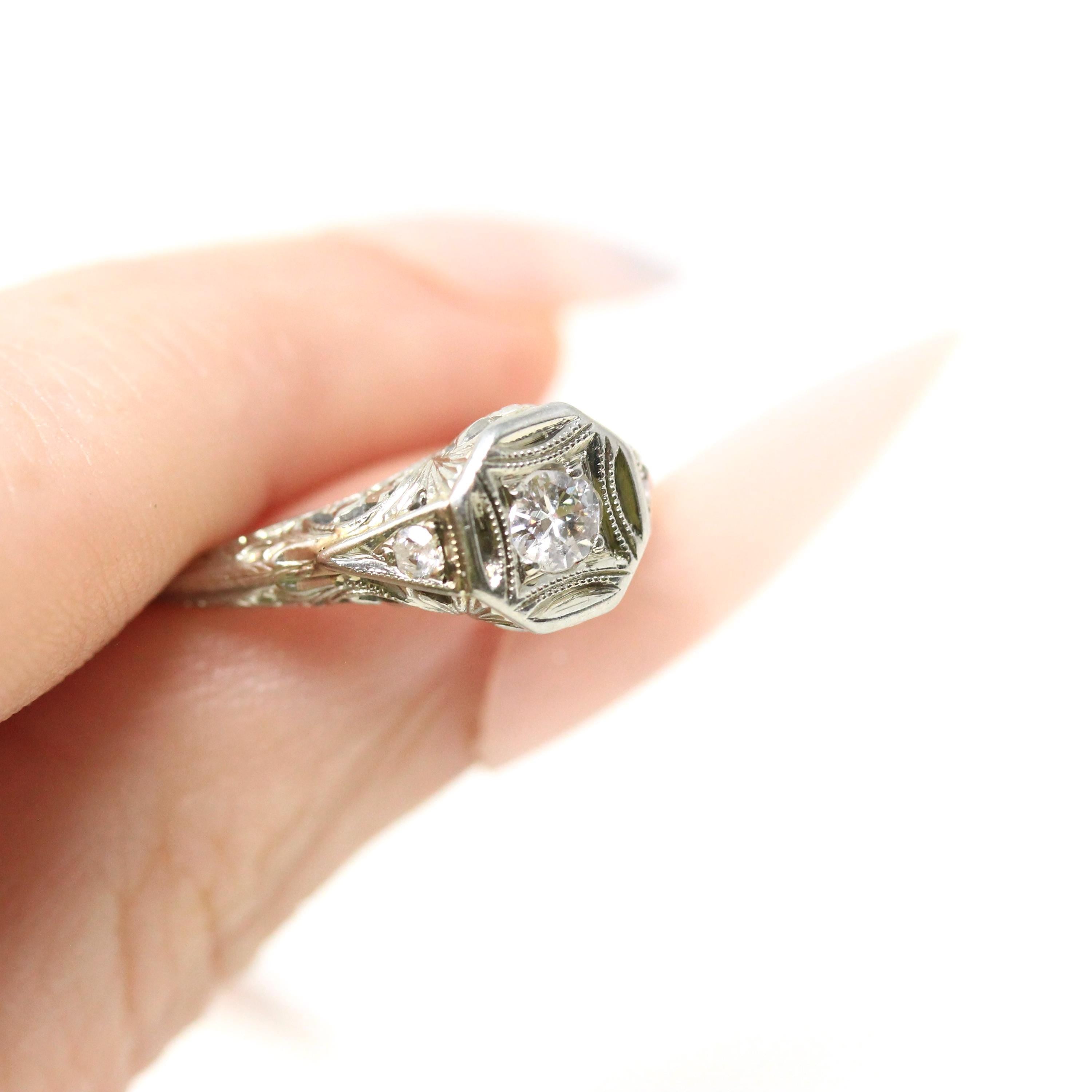 Art Deco Diamond Ring - Vintage 14k White Gold .35 CTW Natural Gemstones - Circa 1930s Era Size 6 Engagement Floral Filigree Fine Jewelry