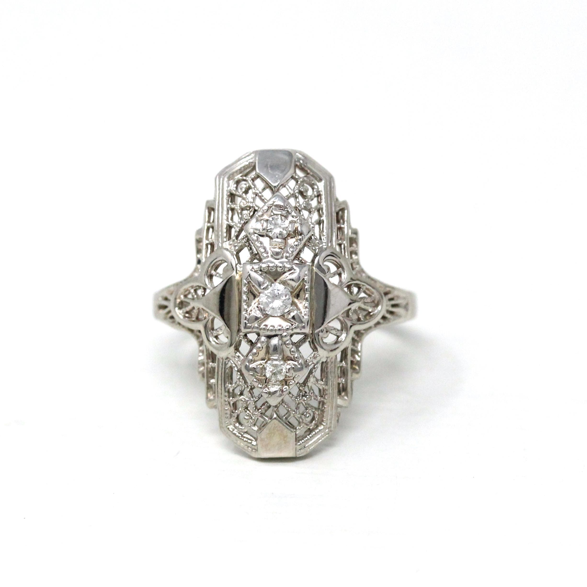 Vintage Shield Ring - Modern Estate 10k White Gold Natural .10 CTW Diamonds - Circa 1950s Era Mid Century Size 6 1/2 Fine Filigree Jewelry