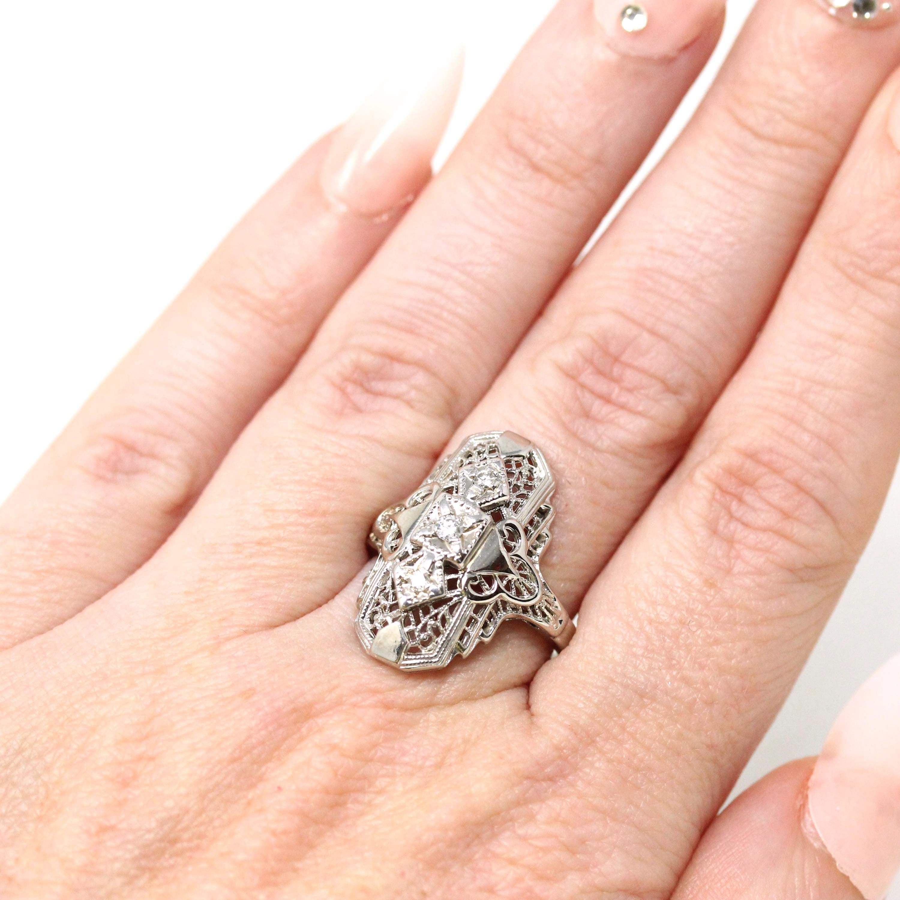 Vintage Shield Ring - Modern Estate 10k White Gold Natural .10 CTW Diamonds - Circa 1950s Era Mid Century Size 6 1/2 Fine Filigree Jewelry