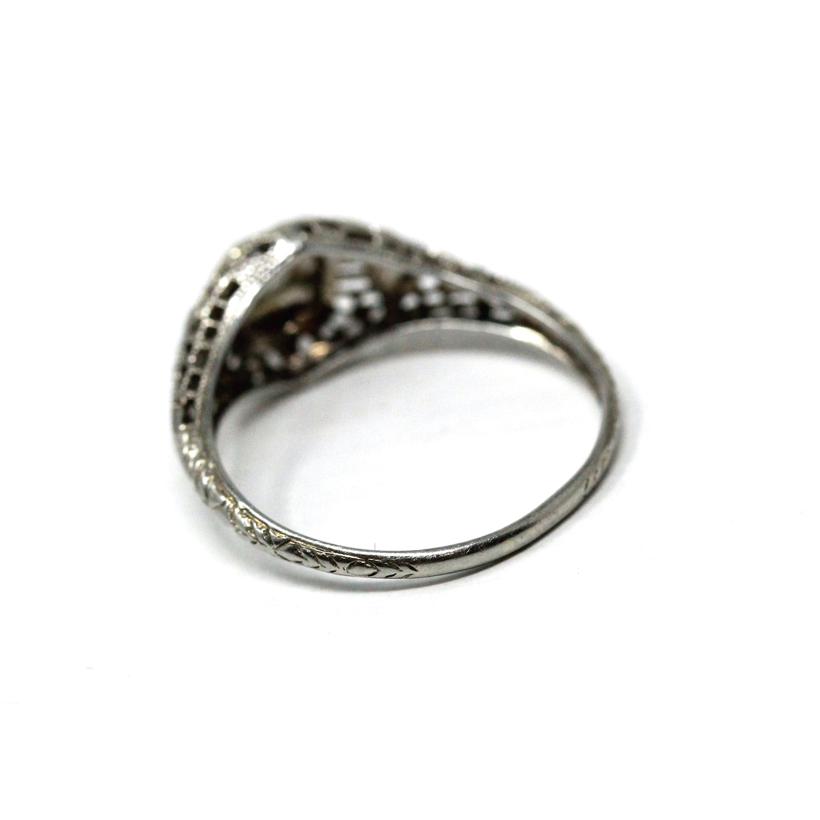 Vintage Diamond Ring - Art Deco 18k White Gold Natural Gemstone Solitaire - Circa 1930s Era Size 6 1/4 Filigree Leaf Motif Fine 30s Jewelry