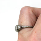 Vintage Diamond Ring - Art Deco 18k White Gold Natural Gemstone Solitaire - Circa 1930s Era Size 6 1/4 Filigree Leaf Motif Fine 30s Jewelry