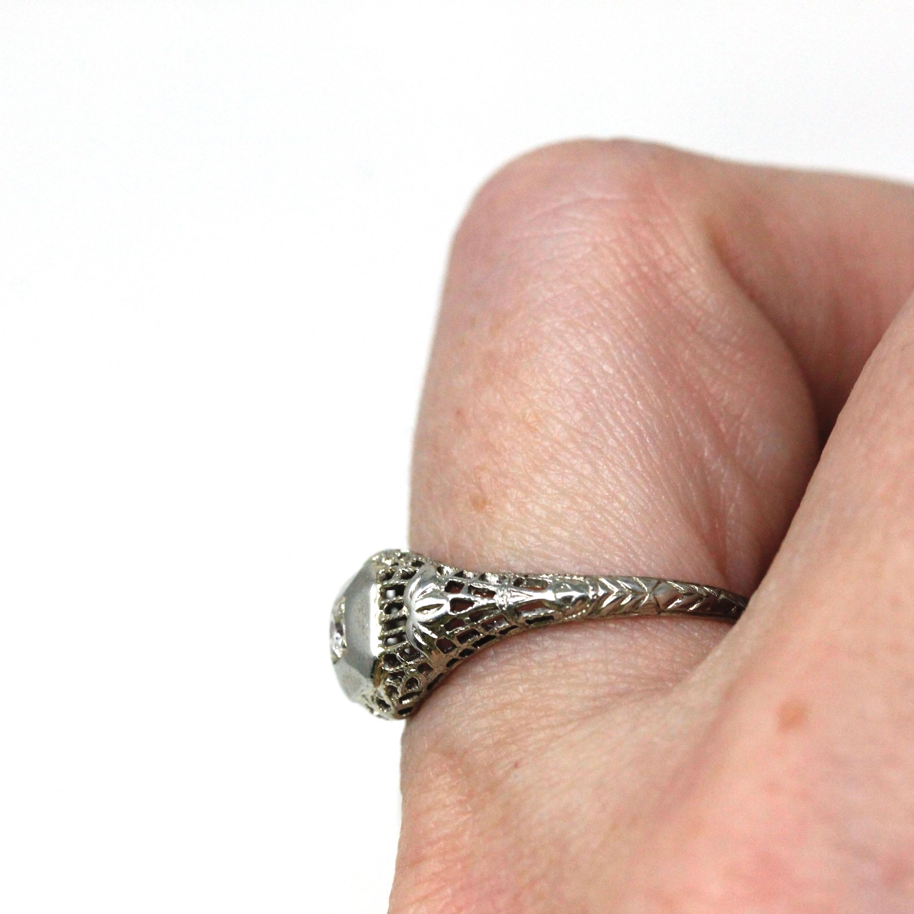 Vintage Diamond Ring - Art Deco 18k White Gold Natural Gemstone Solitaire - Circa 1930s Era Size 6 1/4 Filigree Leaf Motif Fine 30s Jewelry