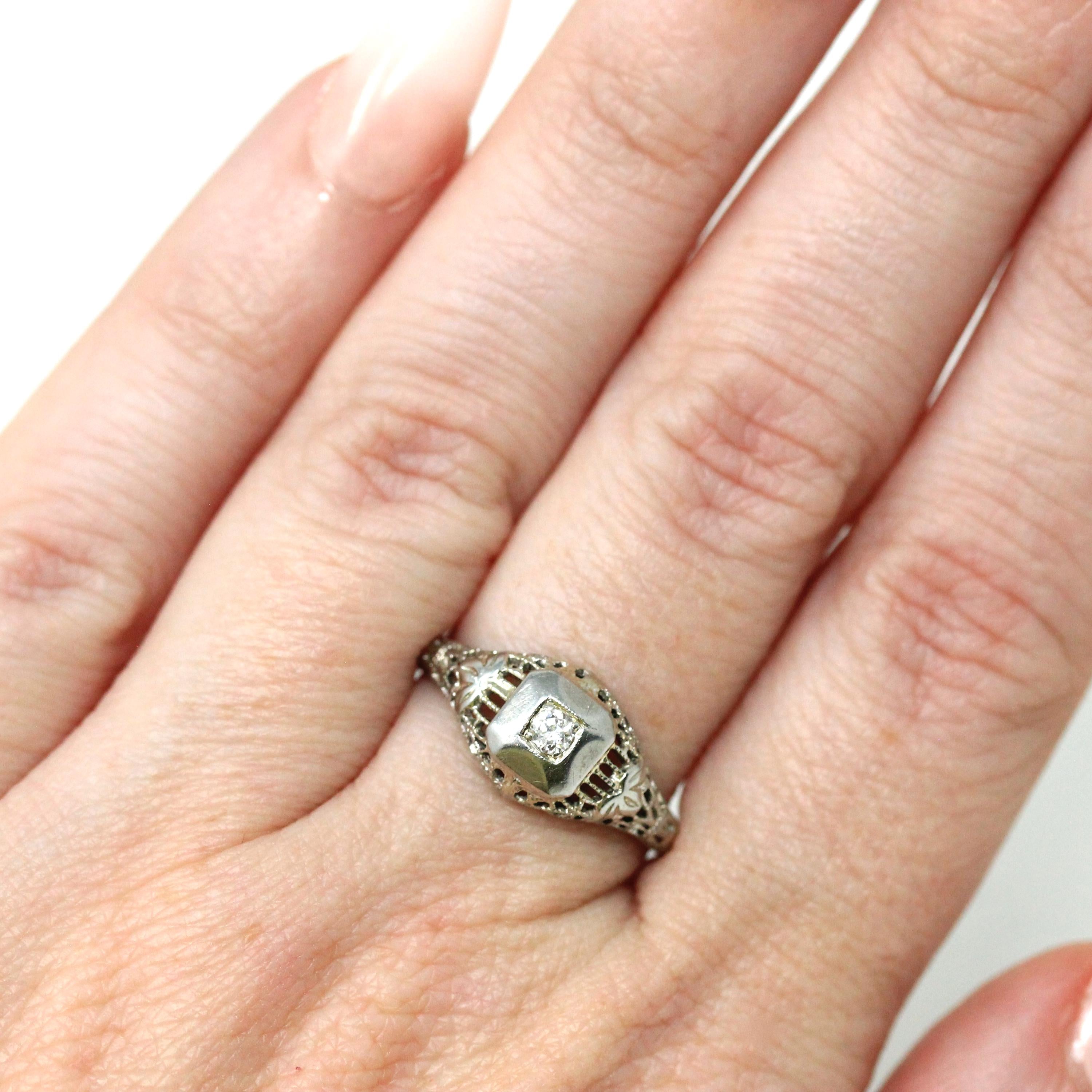 Vintage Diamond Ring - Art Deco 18k White Gold Natural Gemstone Solitaire - Circa 1930s Era Size 6 1/4 Filigree Leaf Motif Fine 30s Jewelry