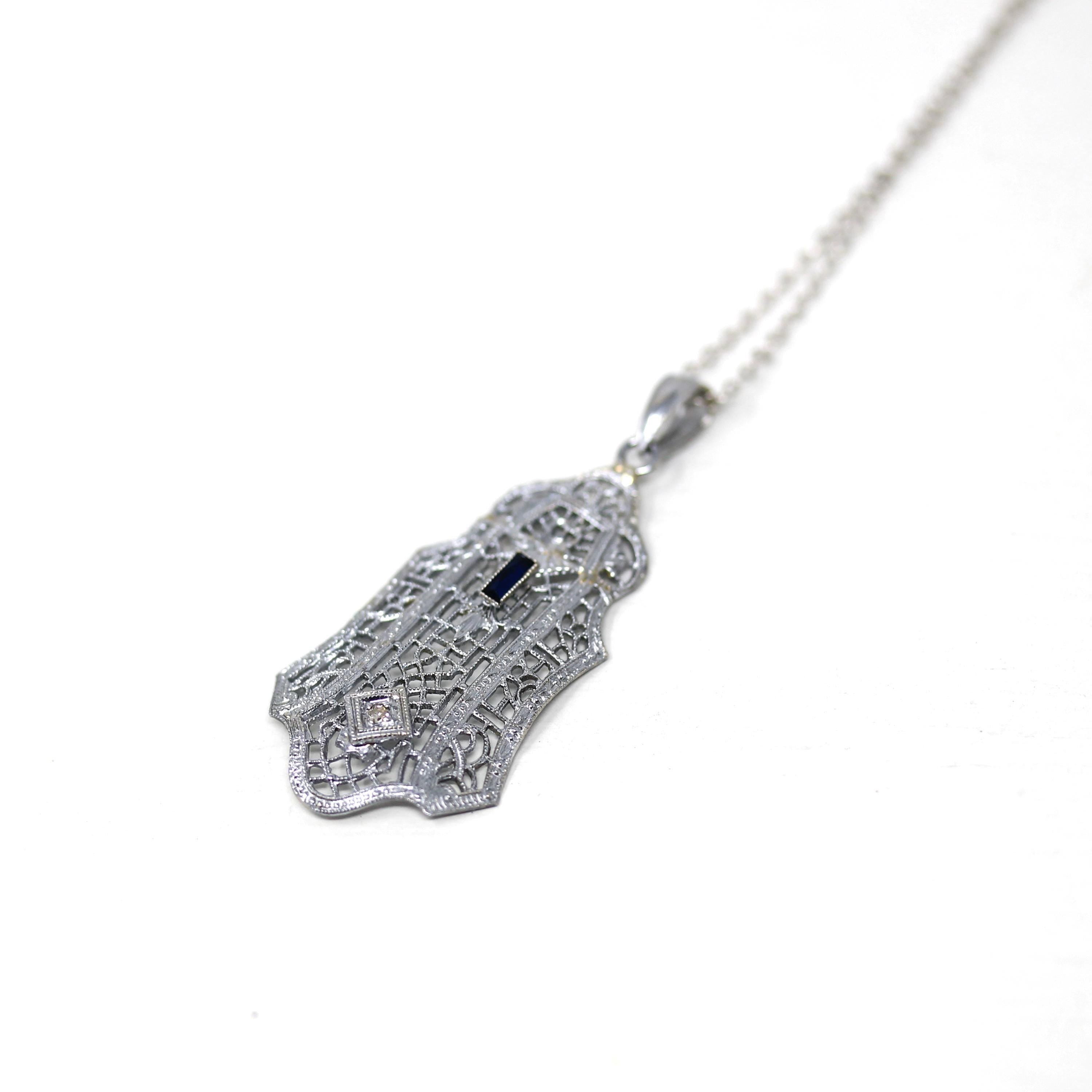 Art Deco Filigree Necklace - Vintage 10k White Gold Natural Diamond Blue Glass Pendant - Circa 1930s Statement Filigree Fine Fashion Jewelry
