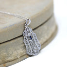Art Deco Filigree Necklace - Vintage 10k White Gold Natural Diamond Blue Glass Pendant - Circa 1930s Statement Filigree Fine Fashion Jewelry