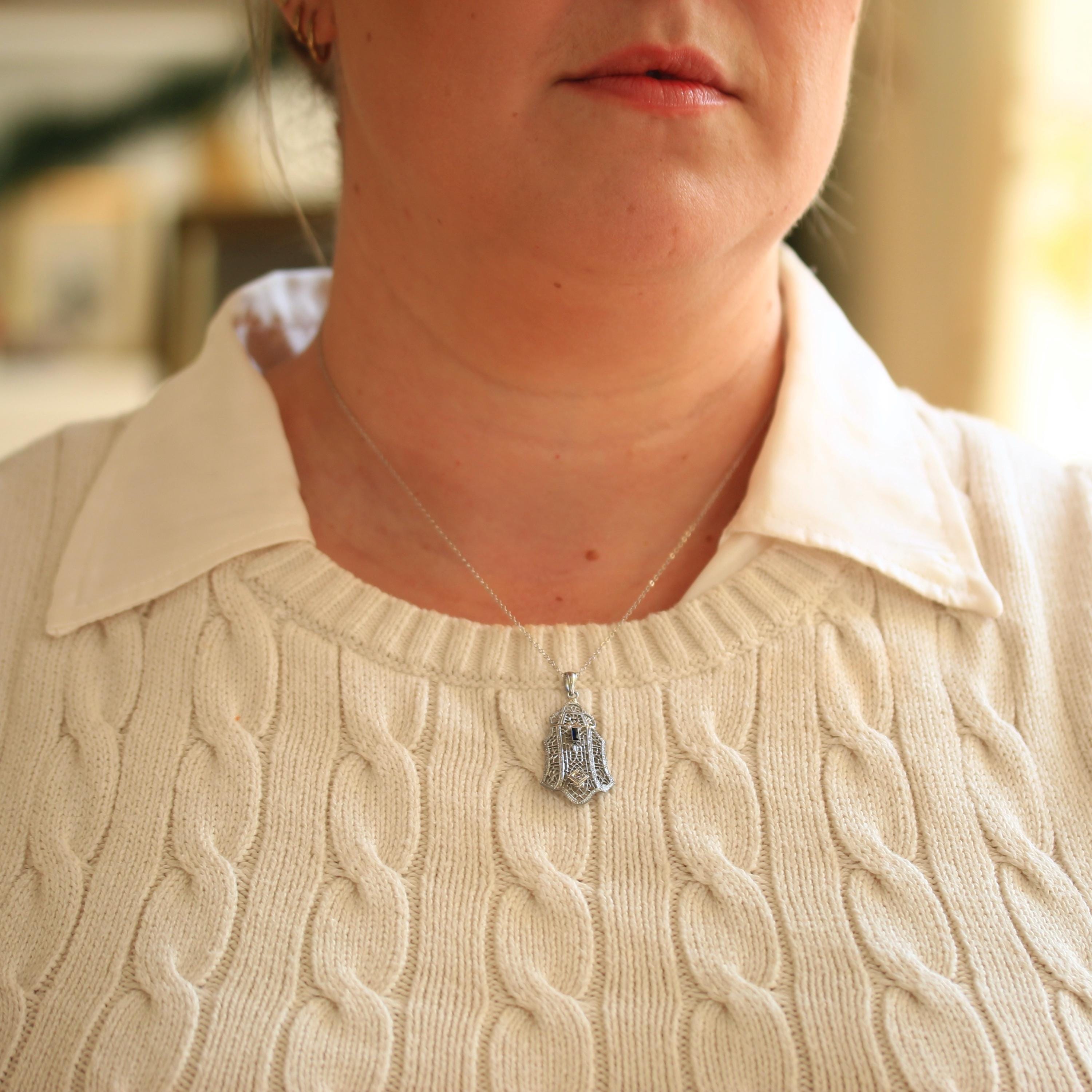 Art Deco Filigree Necklace - Vintage 10k White Gold Natural Diamond Blue Glass Pendant - Circa 1930s Statement Filigree Fine Fashion Jewelry