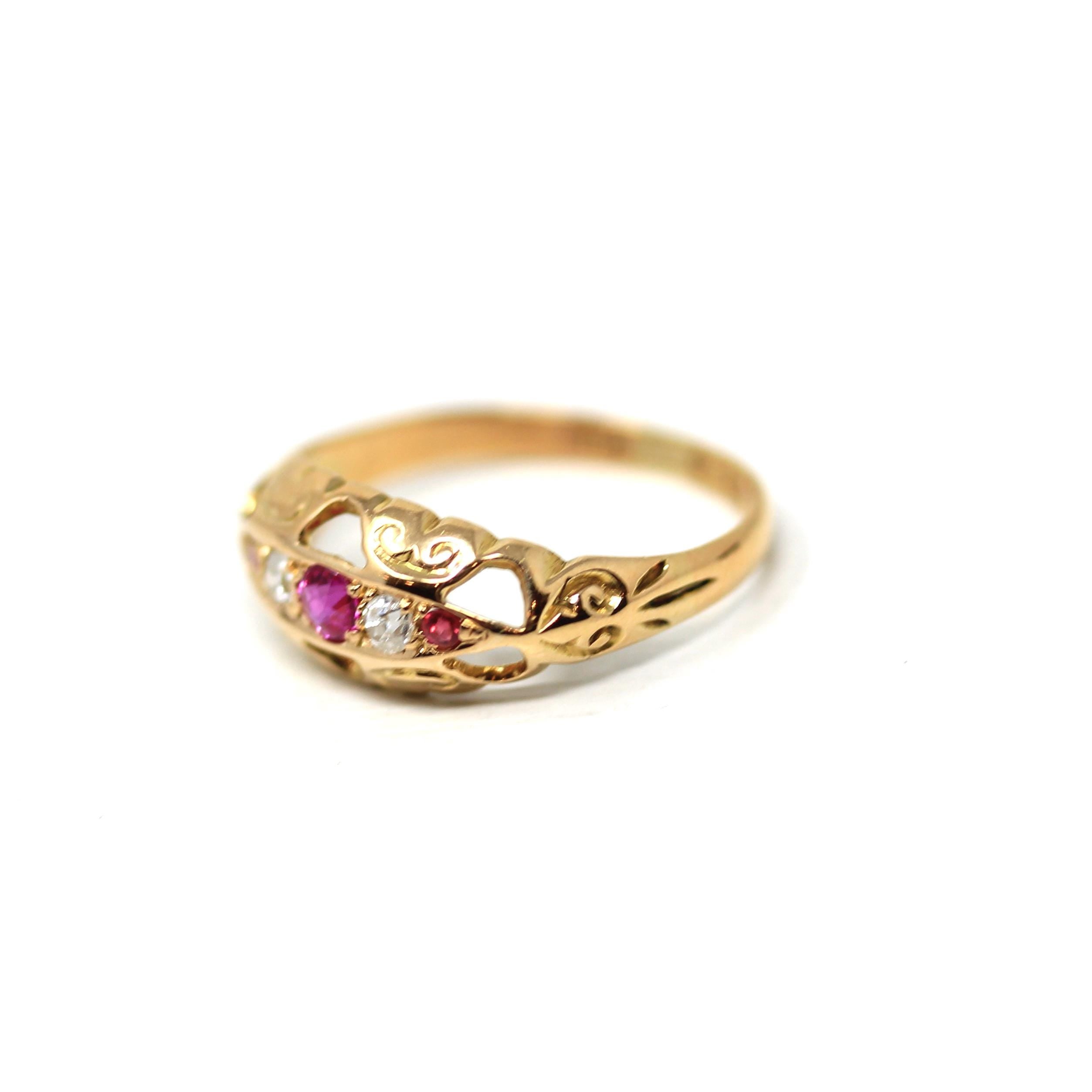 Antique Ruby & Diamond Ring - Edwardian 18k Yellow Gold Red Gemstone Anniversary Band - Circa 1900s Size 5 1/2 Fine English Bridal Jewelry