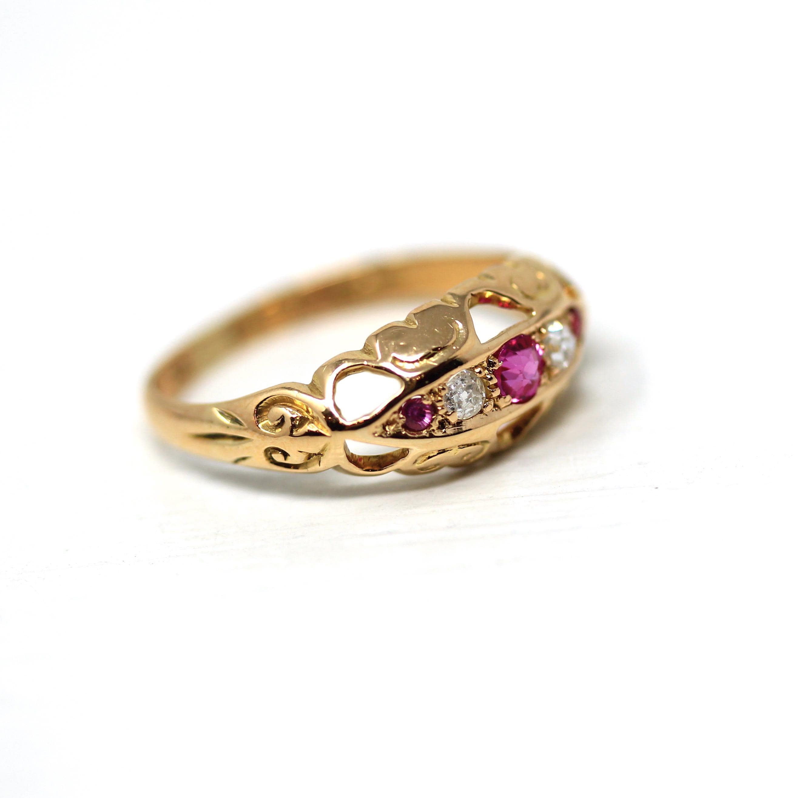 Antique Ruby & Diamond Ring - Edwardian 18k Yellow Gold Red Gemstone Anniversary Band - Circa 1900s Size 5 1/2 Fine English Bridal Jewelry