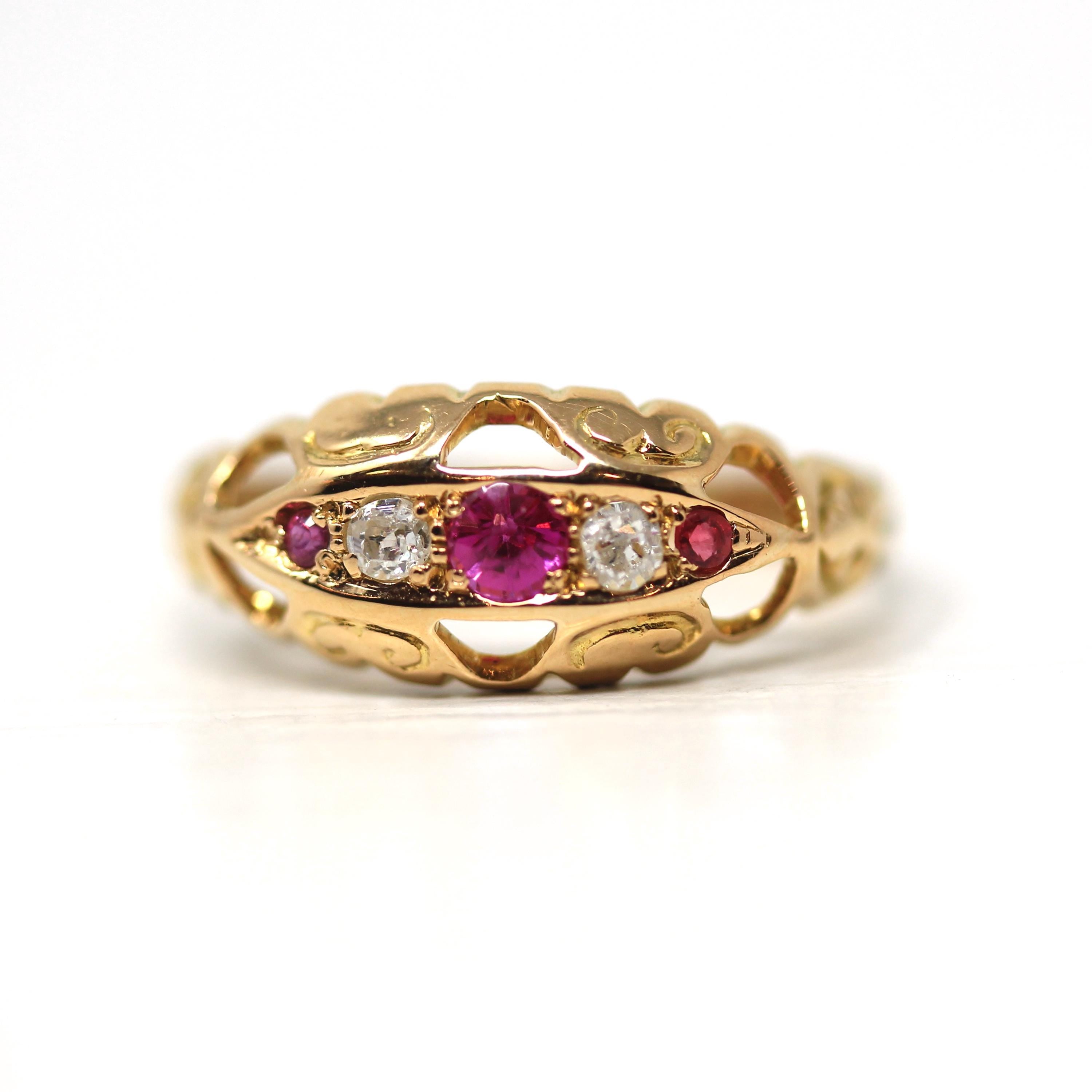 Antique Ruby & Diamond Ring - Edwardian 18k Yellow Gold Red Gemstone Anniversary Band - Circa 1900s Size 5 1/2 Fine English Bridal Jewelry