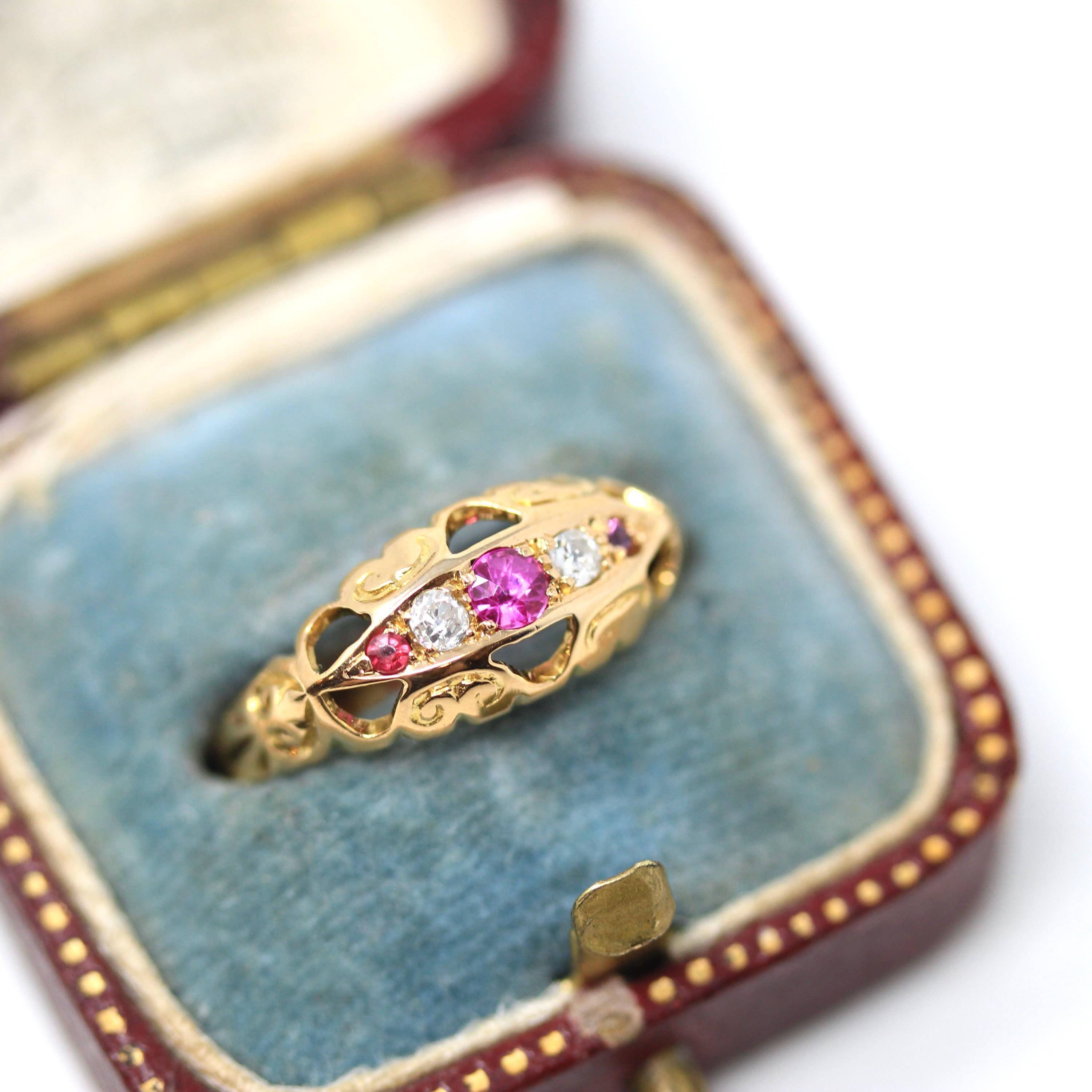 Antique Ruby & Diamond Ring - Edwardian 18k Yellow Gold Red Gemstone Anniversary Band - Circa 1900s Size 5 1/2 Fine English Bridal Jewelry