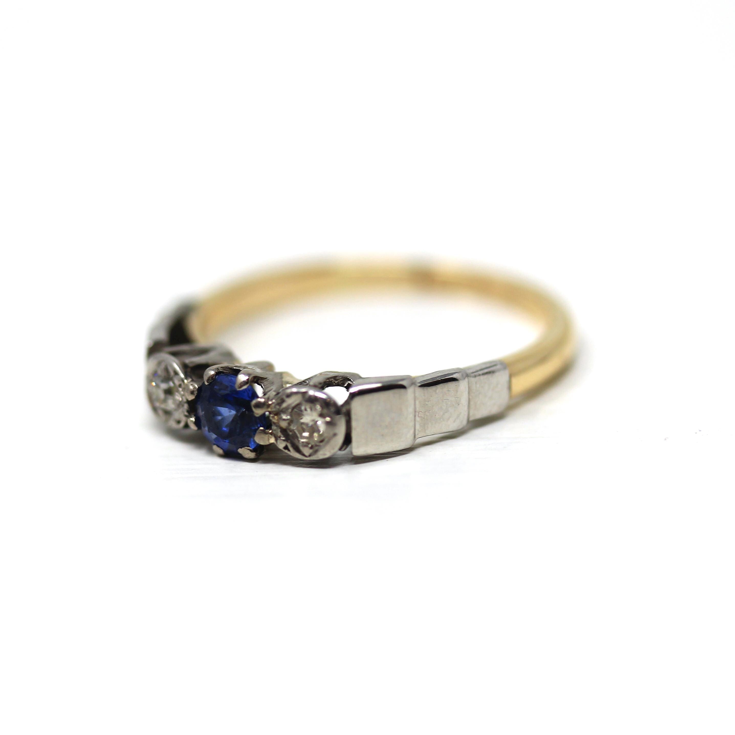 Created Sapphire & Diamond Ring - Mid Century 9k Yellow Gold and Platinum Blue Round Faceted Stone - Vintage 1950s Size 5 3/4 Fine Jewelry
