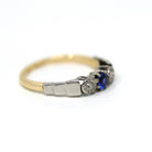 Created Sapphire & Diamond Ring - Mid Century 9k Yellow Gold and Platinum Blue Round Faceted Stone - Vintage 1950s Size 5 3/4 Fine Jewelry