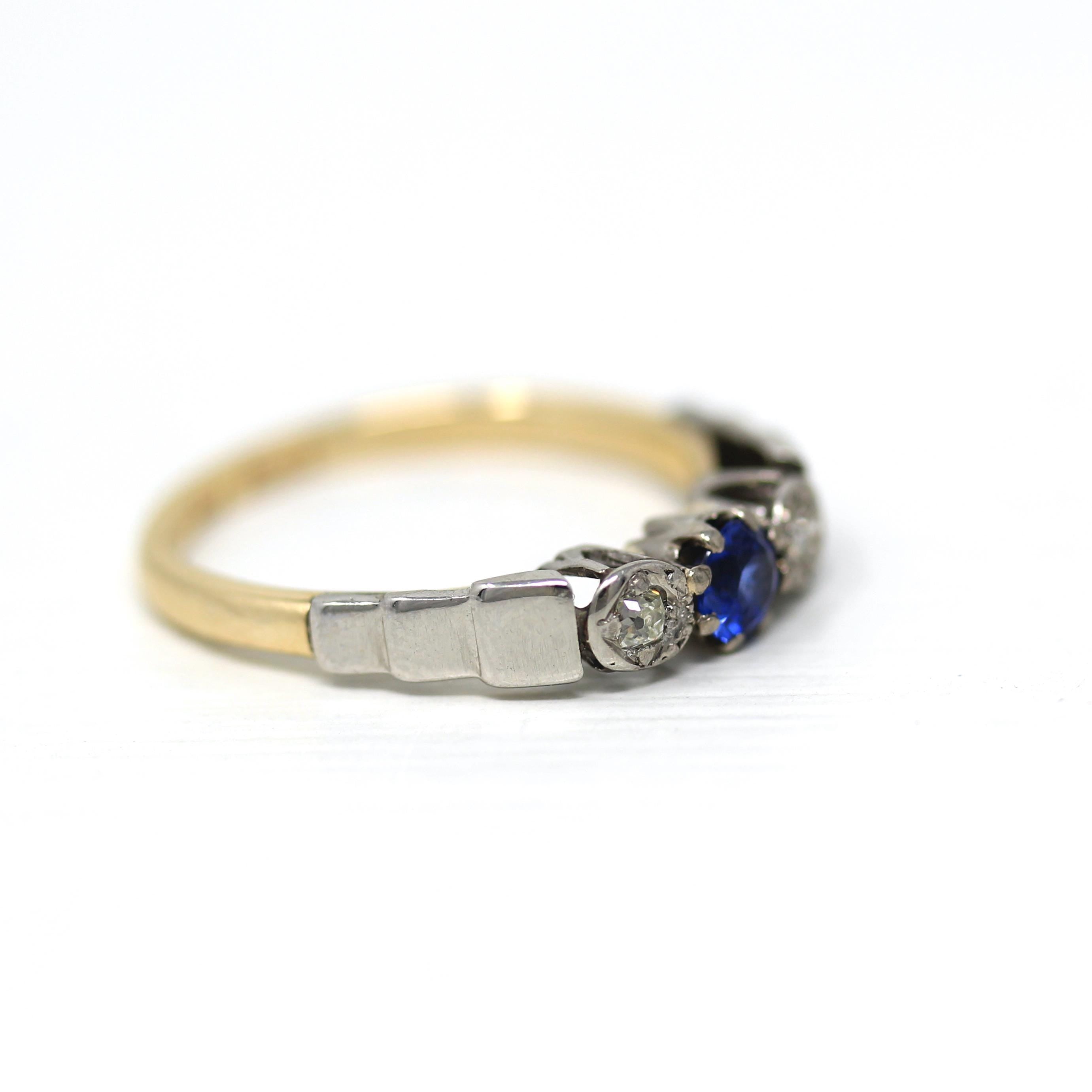 Created Sapphire & Diamond Ring - Mid Century 9k Yellow Gold and Platinum Blue Round Faceted Stone - Vintage 1950s Size 5 3/4 Fine Jewelry
