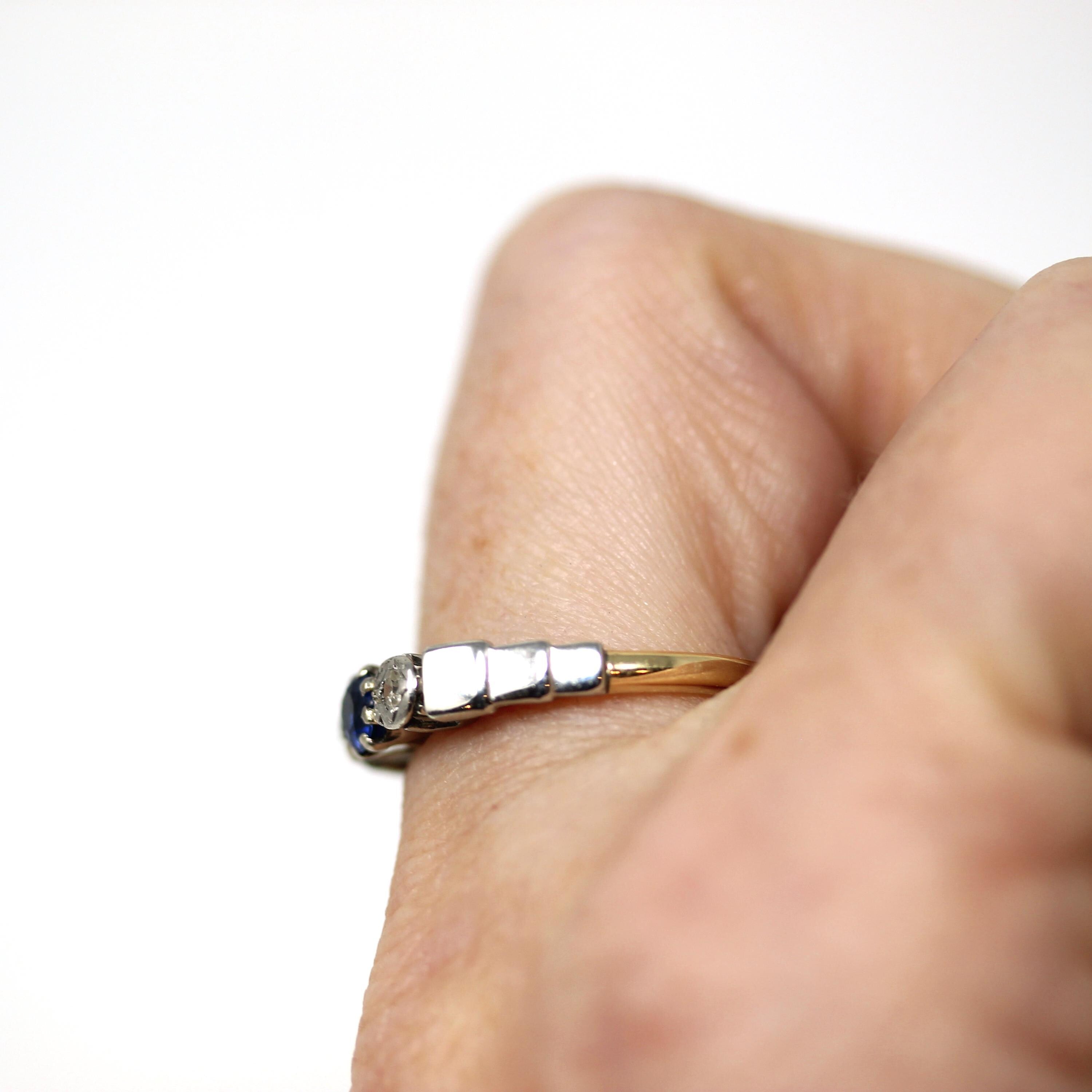 Created Sapphire & Diamond Ring - Mid Century 9k Yellow Gold and Platinum Blue Round Faceted Stone - Vintage 1950s Size 5 3/4 Fine Jewelry