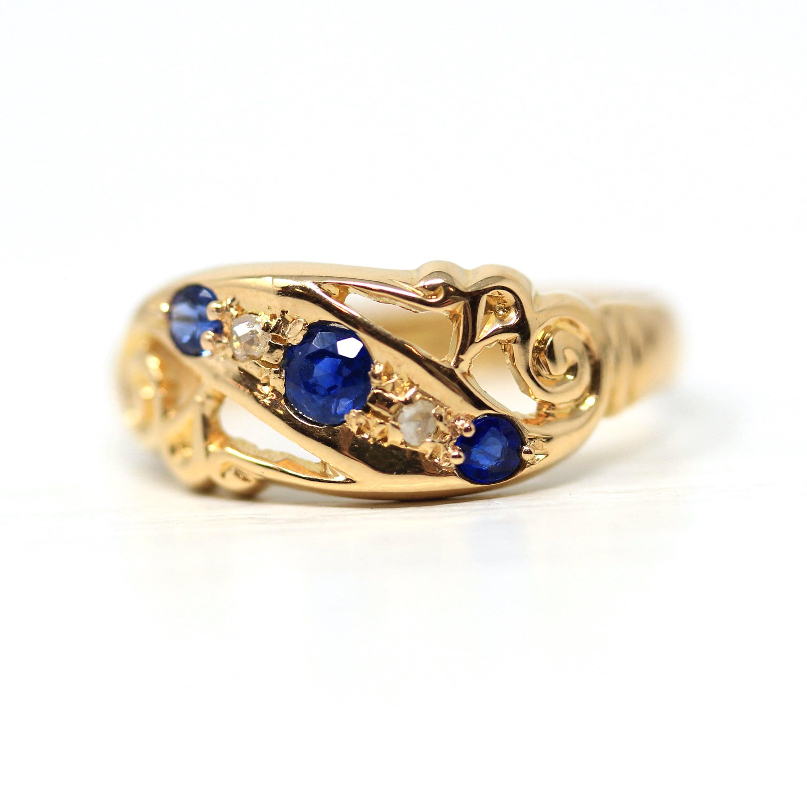 Antique Sapphire & Diamond Ring - Edwardian 18k Yellow Gold Blue Gemstone Band - Hallmark Date 1915 London England Size 6.5 Fine Jewelry