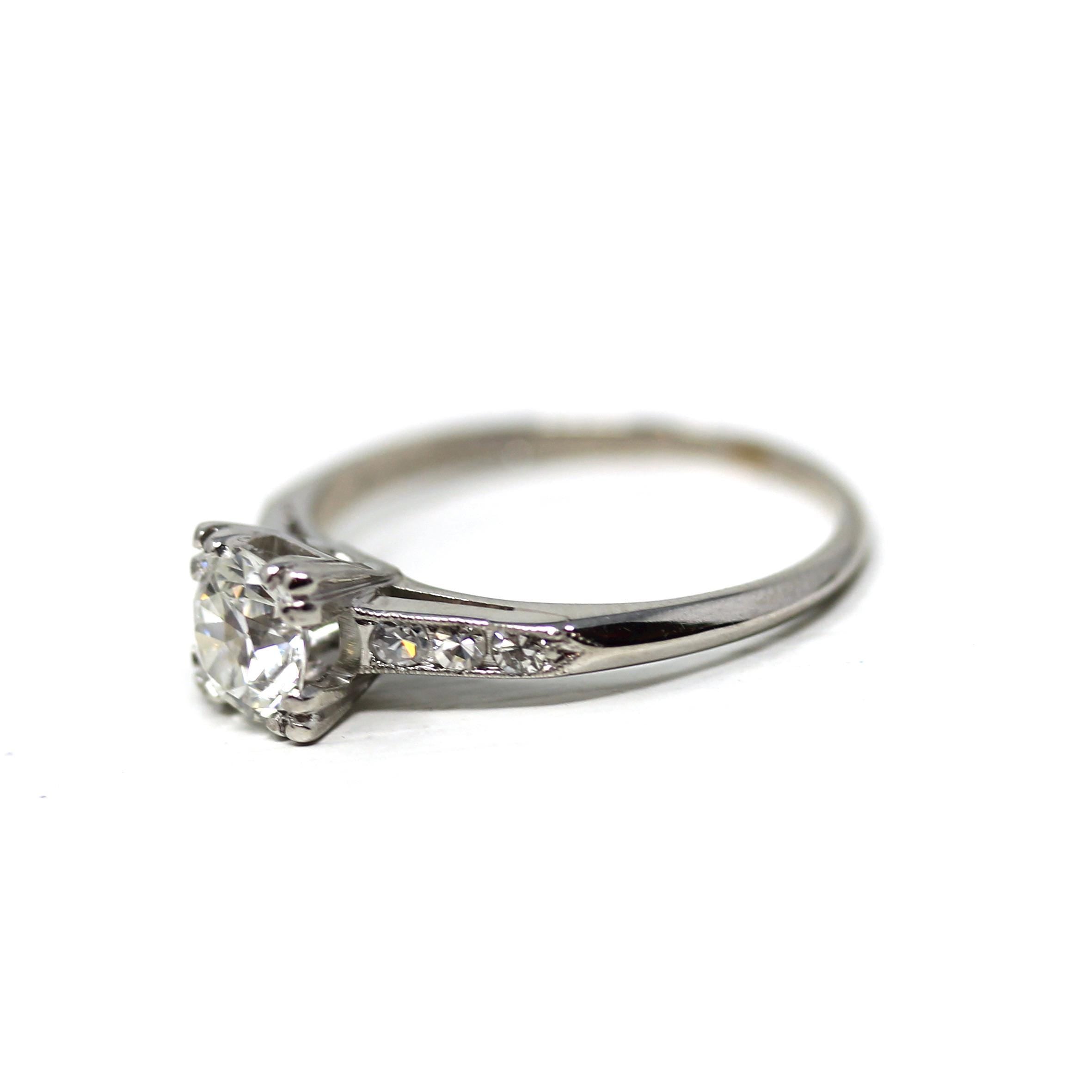 Vintage Engagement Ring - Platinum Old European Cut .89 CTW Natural Diamond - Size 7 Mid Century 1950s Era Fine Report Jewelry