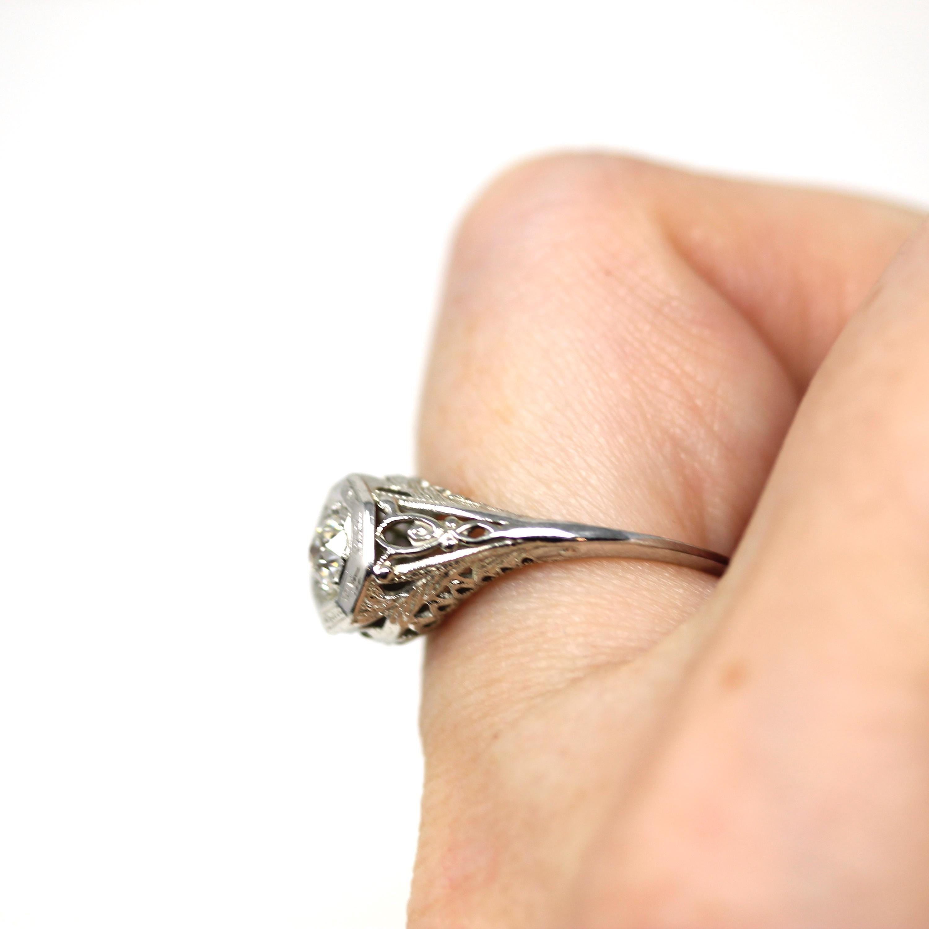 Vintage Diamond Ring - Art Deco 18k White Gold Natural Gemstone Solitaire - Circa 1930s Era Size 5 1/4 Filigree Octagonal Fine 30s Jewelry