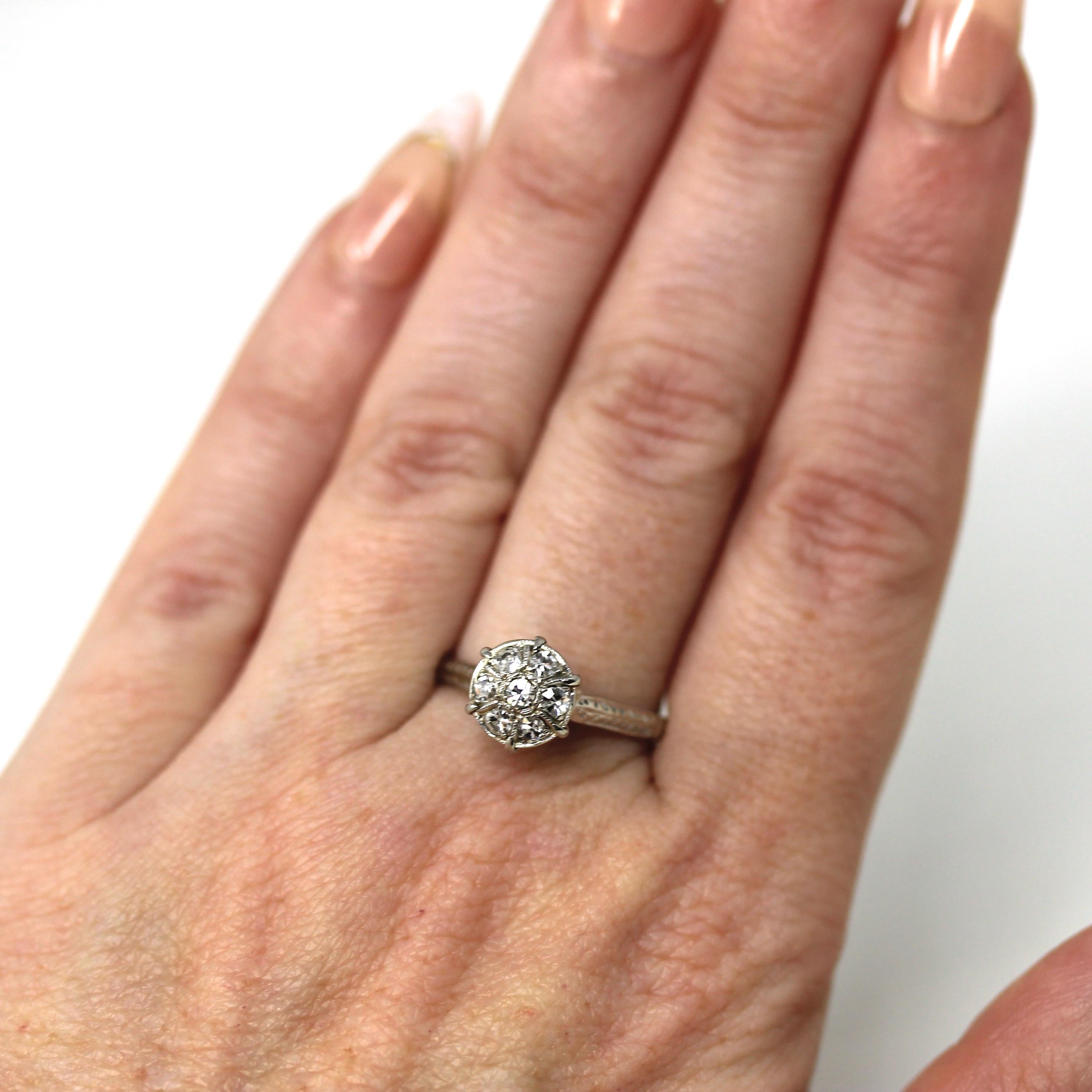 Diamond Cluster Ring - Art Deco 18k White Gold Basket Filigree Genuine Natural Gems Engagement - Vintage 1930s Size 7 Bridal Fine Jewelry