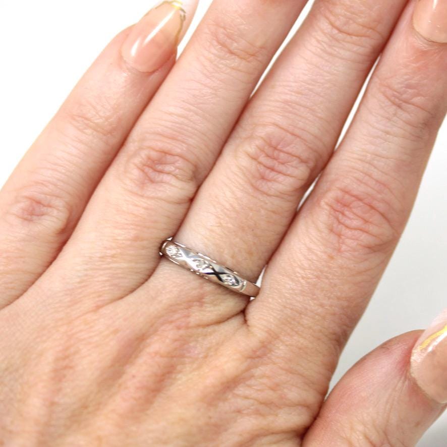 Mid Century Diamond Band - Vintage 14k White Gold 0.02 CT Wedding Ring - Circa 1950s Era Size 6 1/2 Stacking Textured Fine Bridal Jewelry