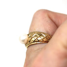 Modern Cultured Pearl Ring - Estate 10k Yellow Gold Solitaire Style Gemstone - Circa 1990s Size 7 3/4 June Birthstone Fine Statement Jewelry