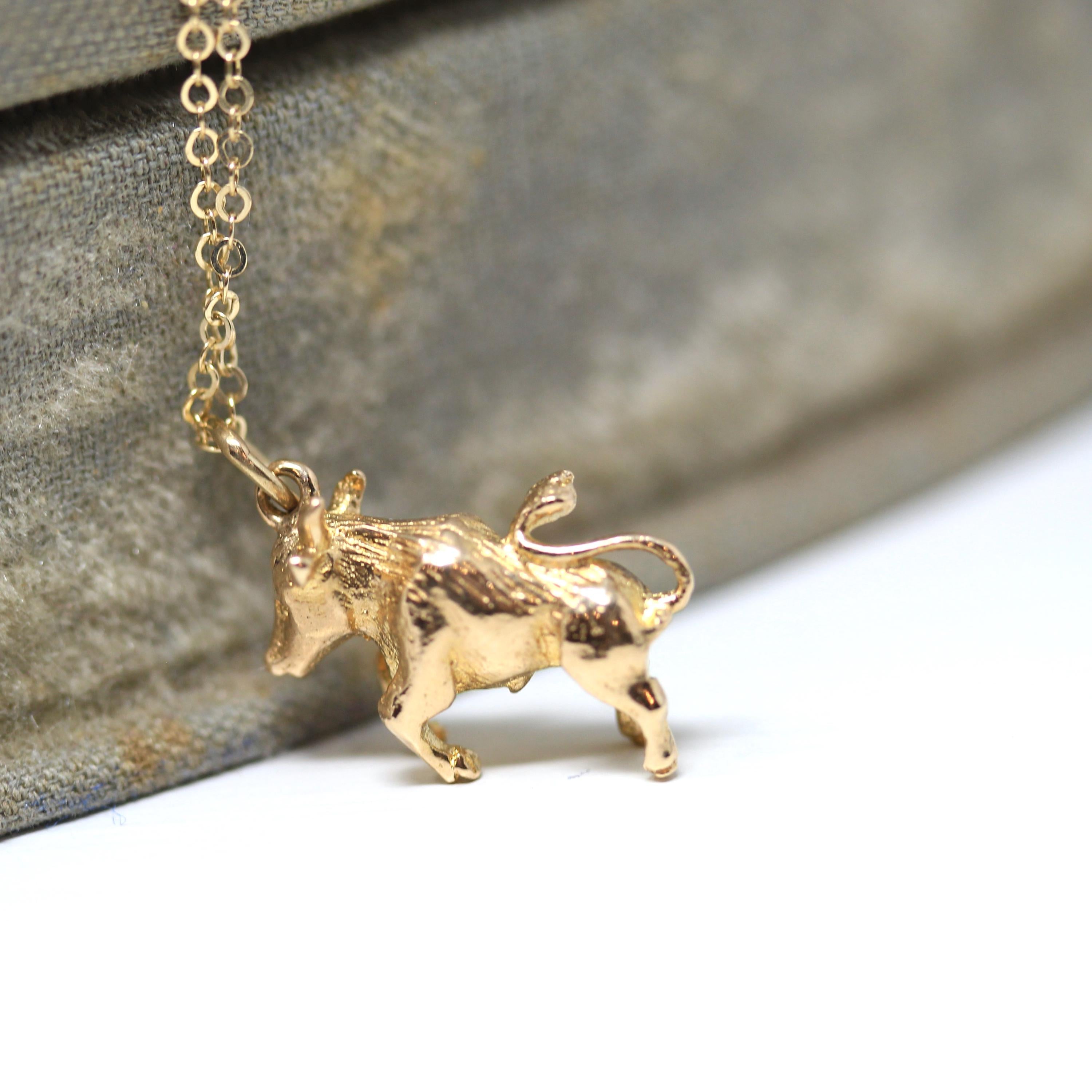 Vintage Taurus Charm - Retro Era 9k Yellow Gold Dainty Figural Bull Pendant Necklace - Hallmark Date 1967 Astrological Fine Zodiac Jewelry