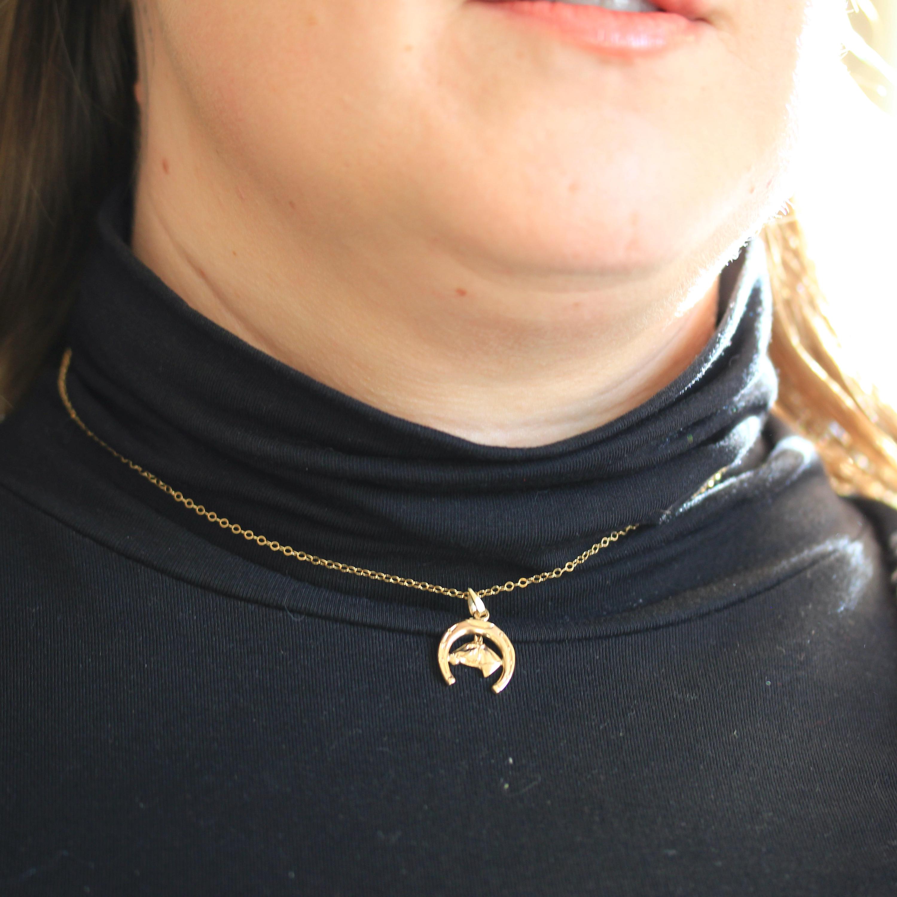 Vintage Equestrian Charm - Modern Estate 14k Yellow Gold Dainty Figural Equine Horse & Shoe Pendant Necklace - Circa 2000s Fine Y2K Jewelry