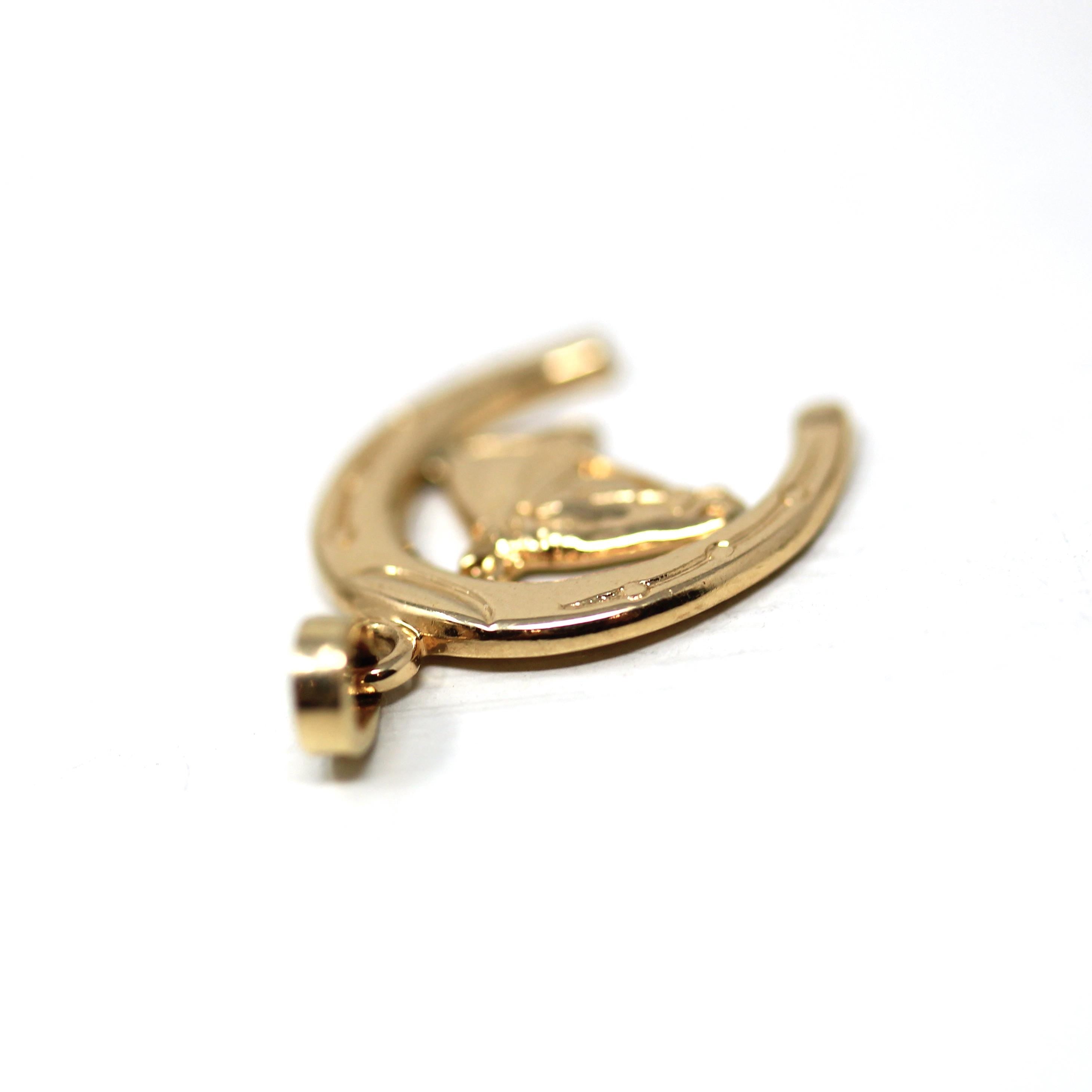 Vintage Equestrian Charm - Modern Estate 14k Yellow Gold Dainty Figural Equine Horse & Shoe Pendant Necklace - Circa 2000s Fine Y2K Jewelry